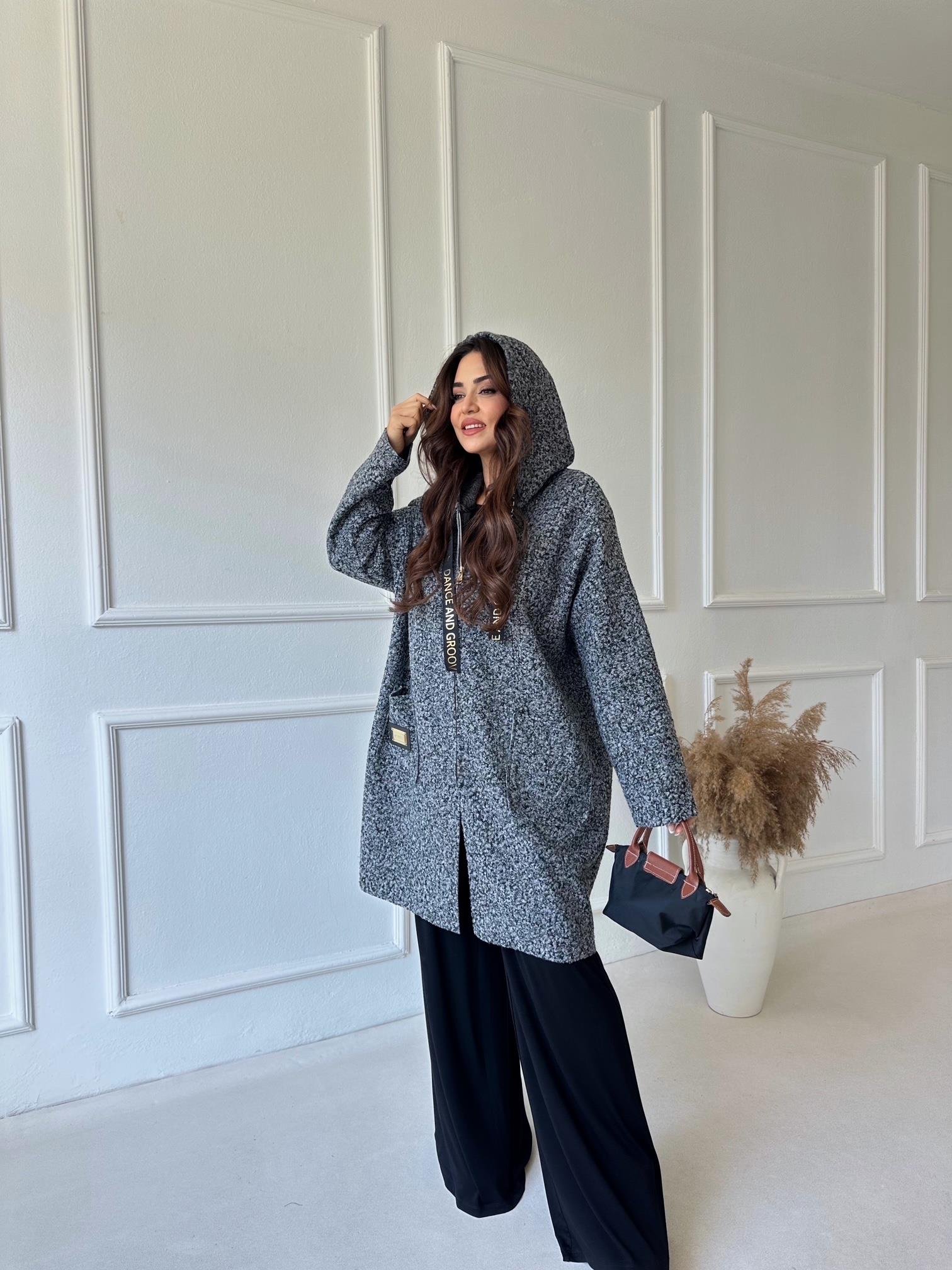 Lüks Kalite Kapişonlu Antrasit Buklet Kaban