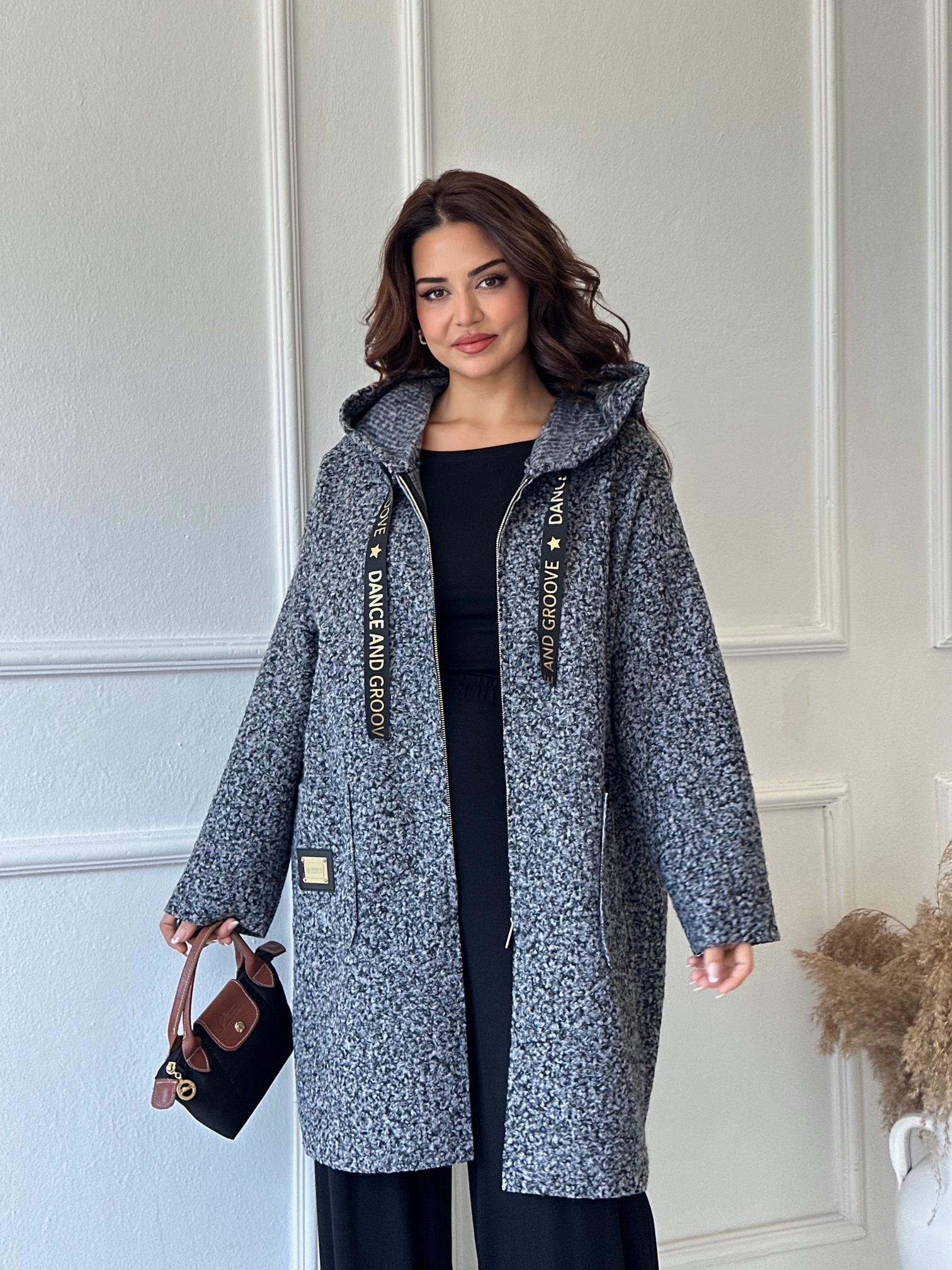 Lüks Kalite Kapişonlu Antrasit Buklet Kaban