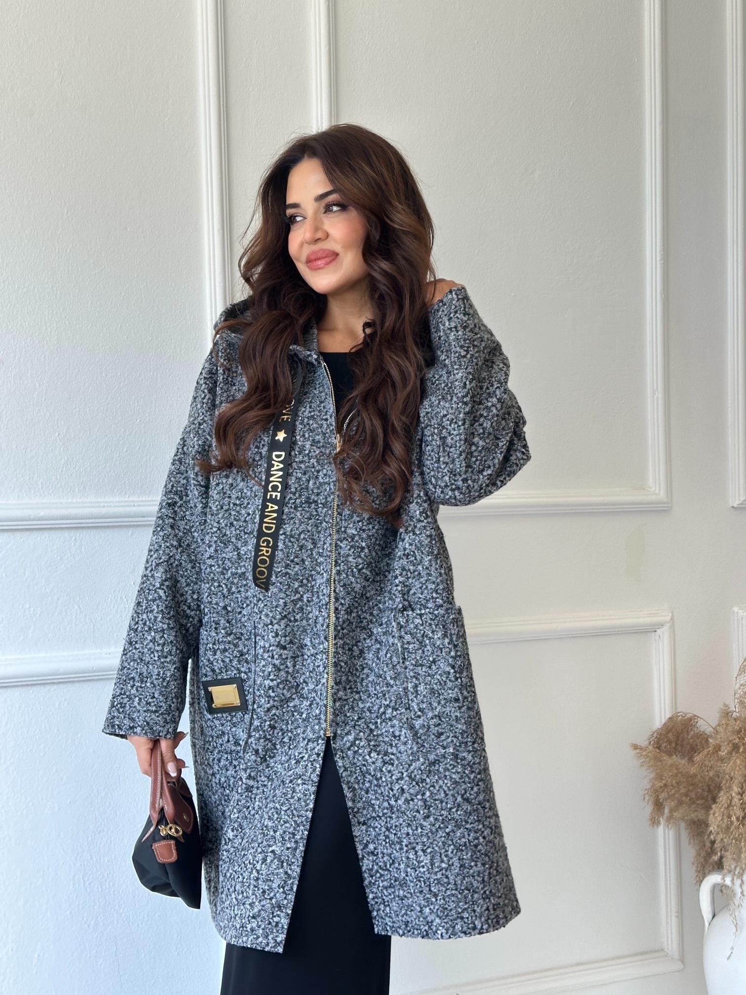 Lüks Kalite Kapişonlu Antrasit Buklet Kaban