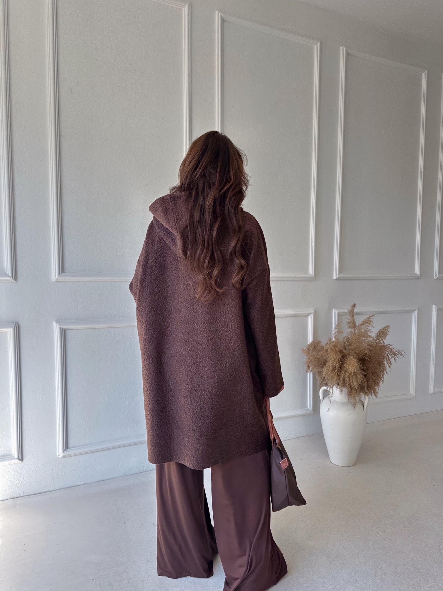 Lüks Kalite Kapişonlu Kahve Buklet Kaban