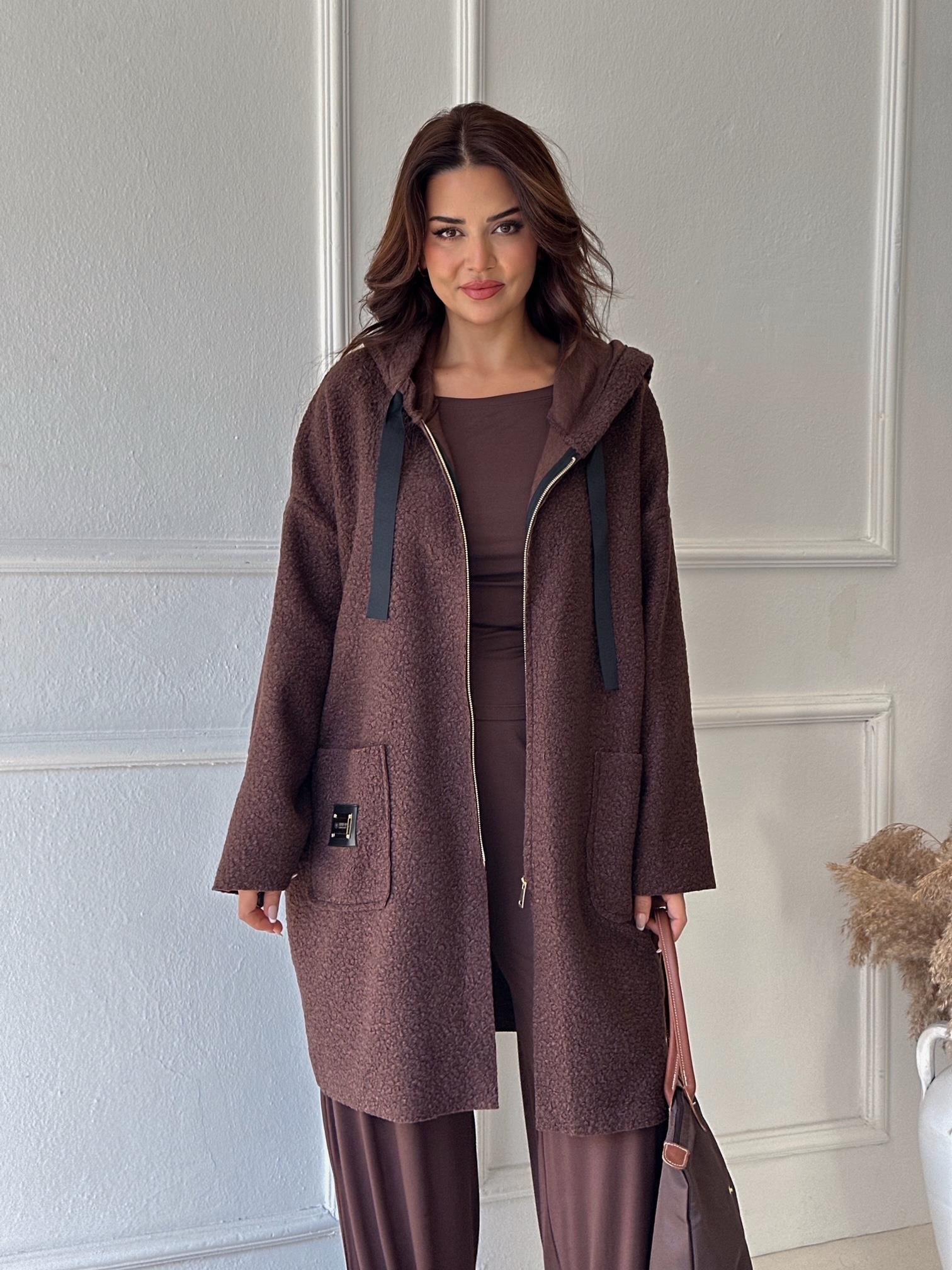 Lüks Kalite Kapişonlu Kahve Buklet Kaban