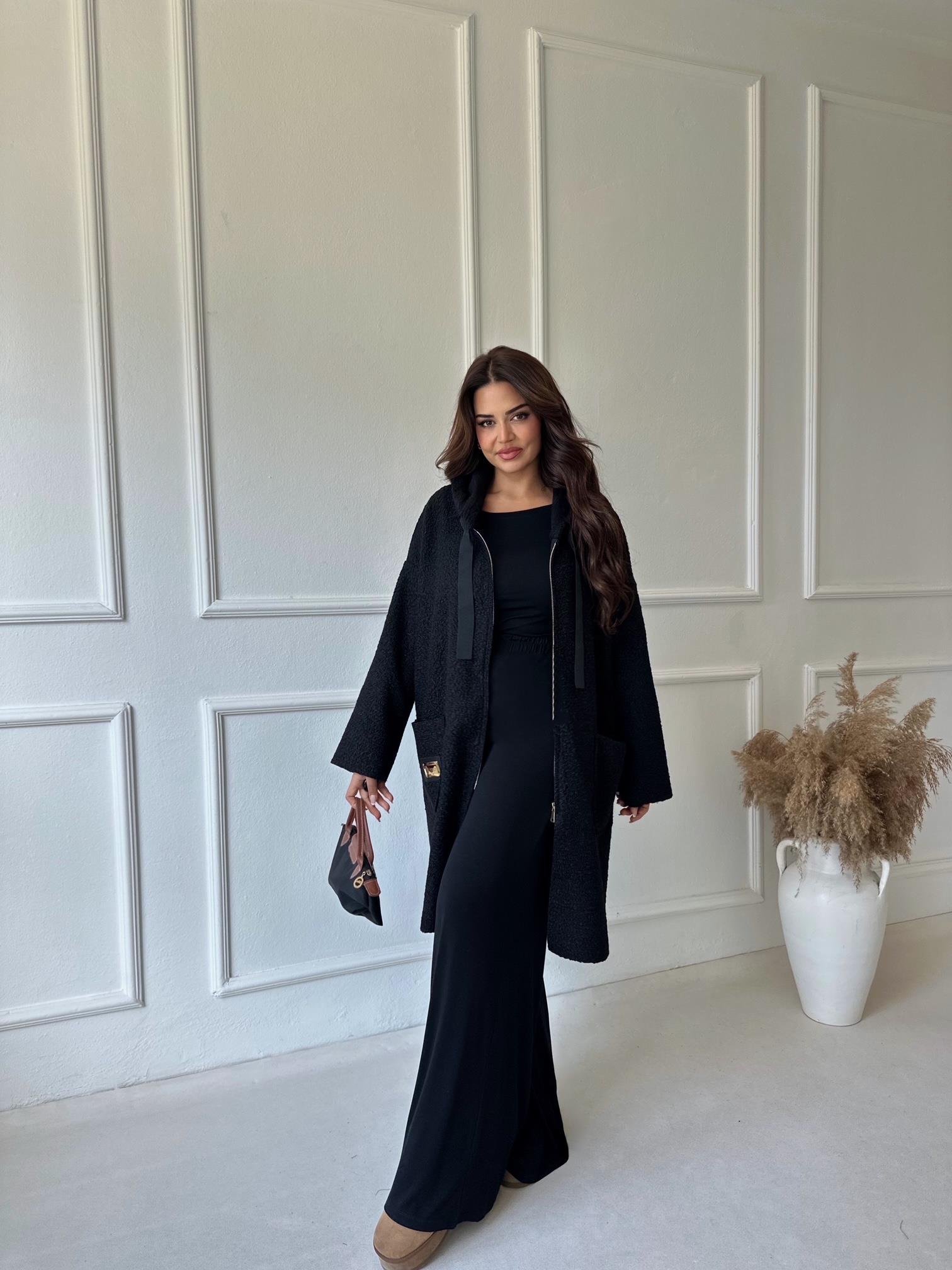 Lüks Kalite Kapişonlu Siyah Buklet Kaban