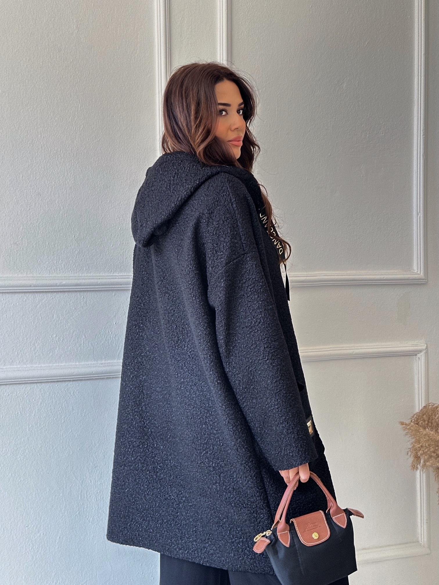 Lüks Kalite Kapişonlu Siyah Buklet Kaban