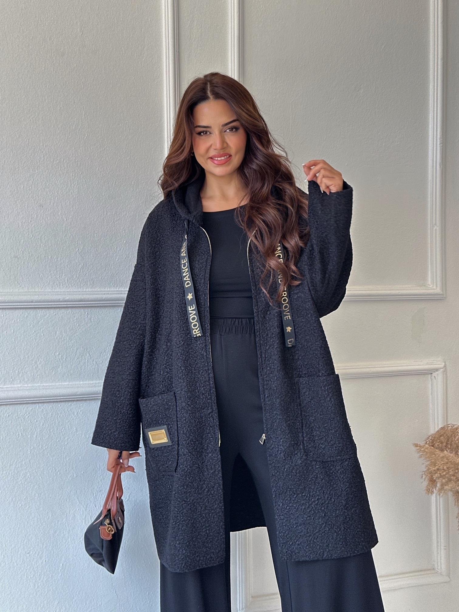 Lüks Kalite Kapişonlu Siyah Buklet Kaban