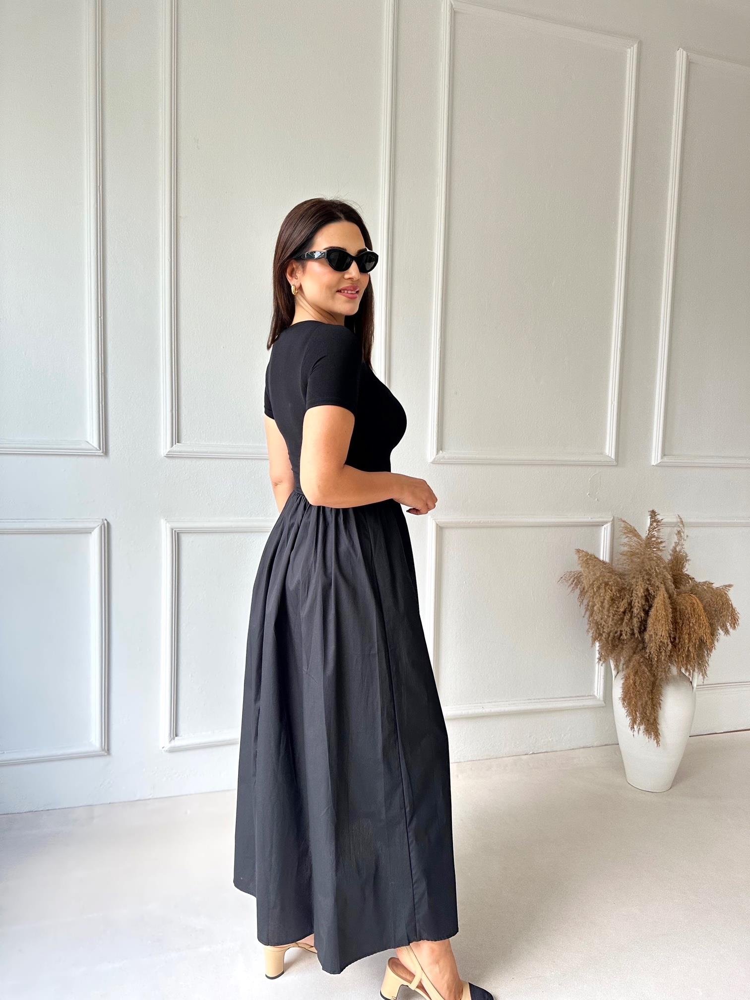 Lüks Kalite Kayık Yaka Yarım Kollu Diana Maksi Elbise - Siyah