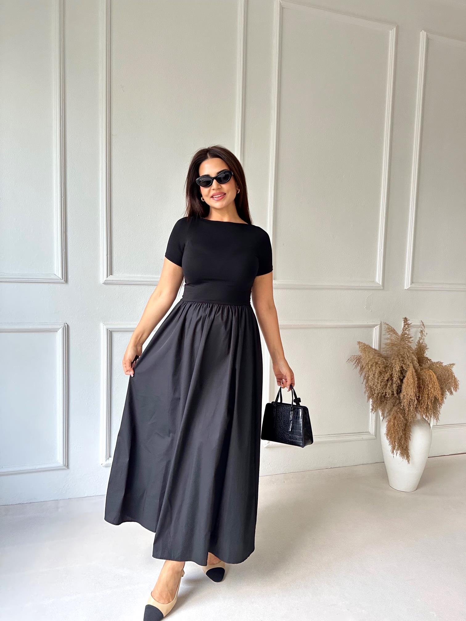 Lüks Kalite Kayık Yaka Yarım Kollu Diana Maksi Elbise - Siyah