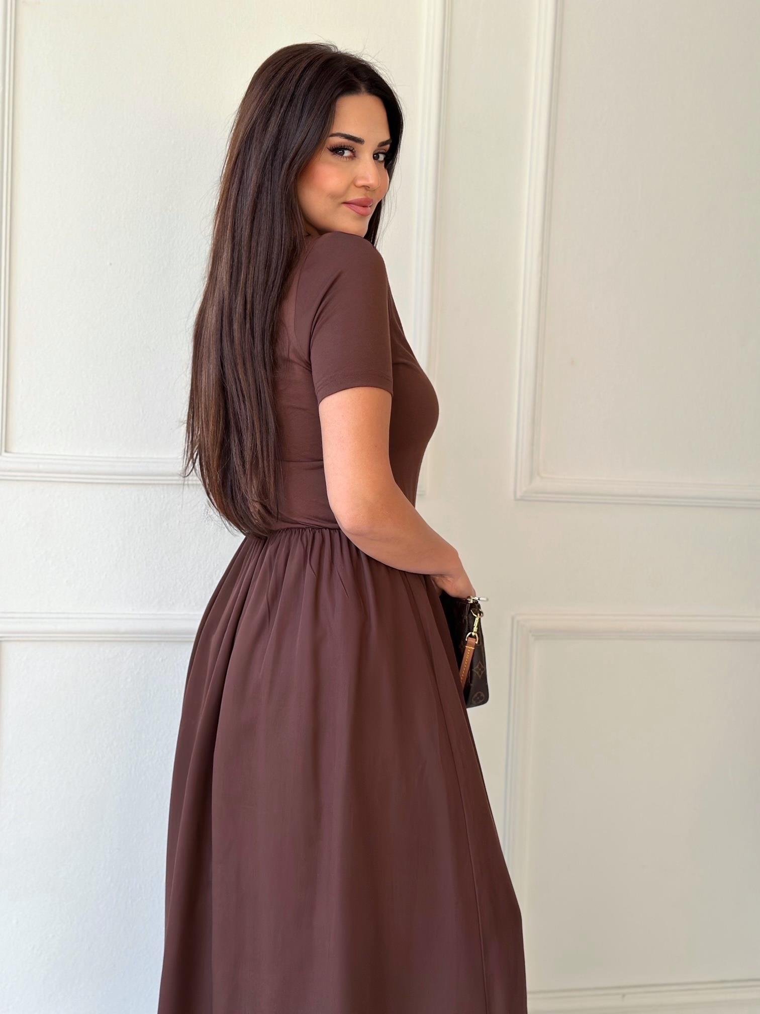 Lüks Kalite Kayık Yaka Yarım Kollu Diana Maksi Elbise - Kahve