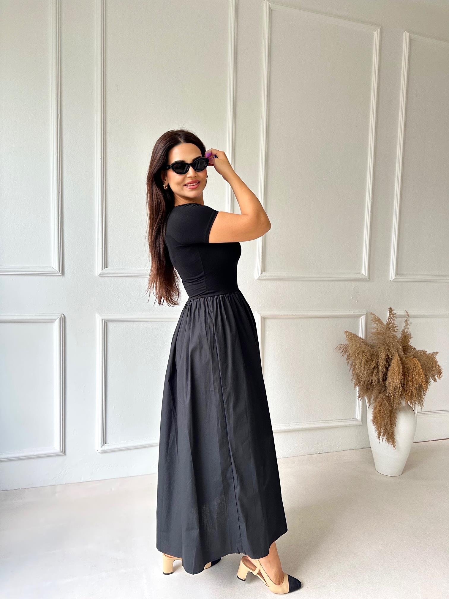 Lüks Kalite Kayık Yaka Yarım Kollu Diana Maksi Elbise - Siyah