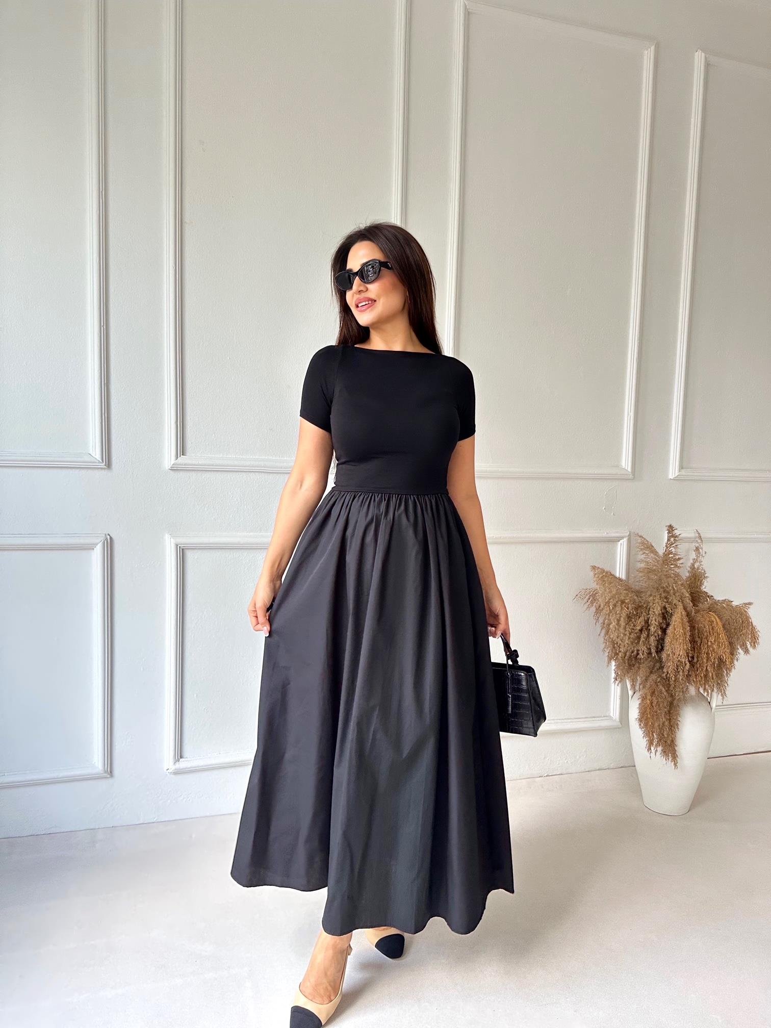 Lüks Kalite Kayık Yaka Yarım Kollu Diana Maksi Elbise - Siyah