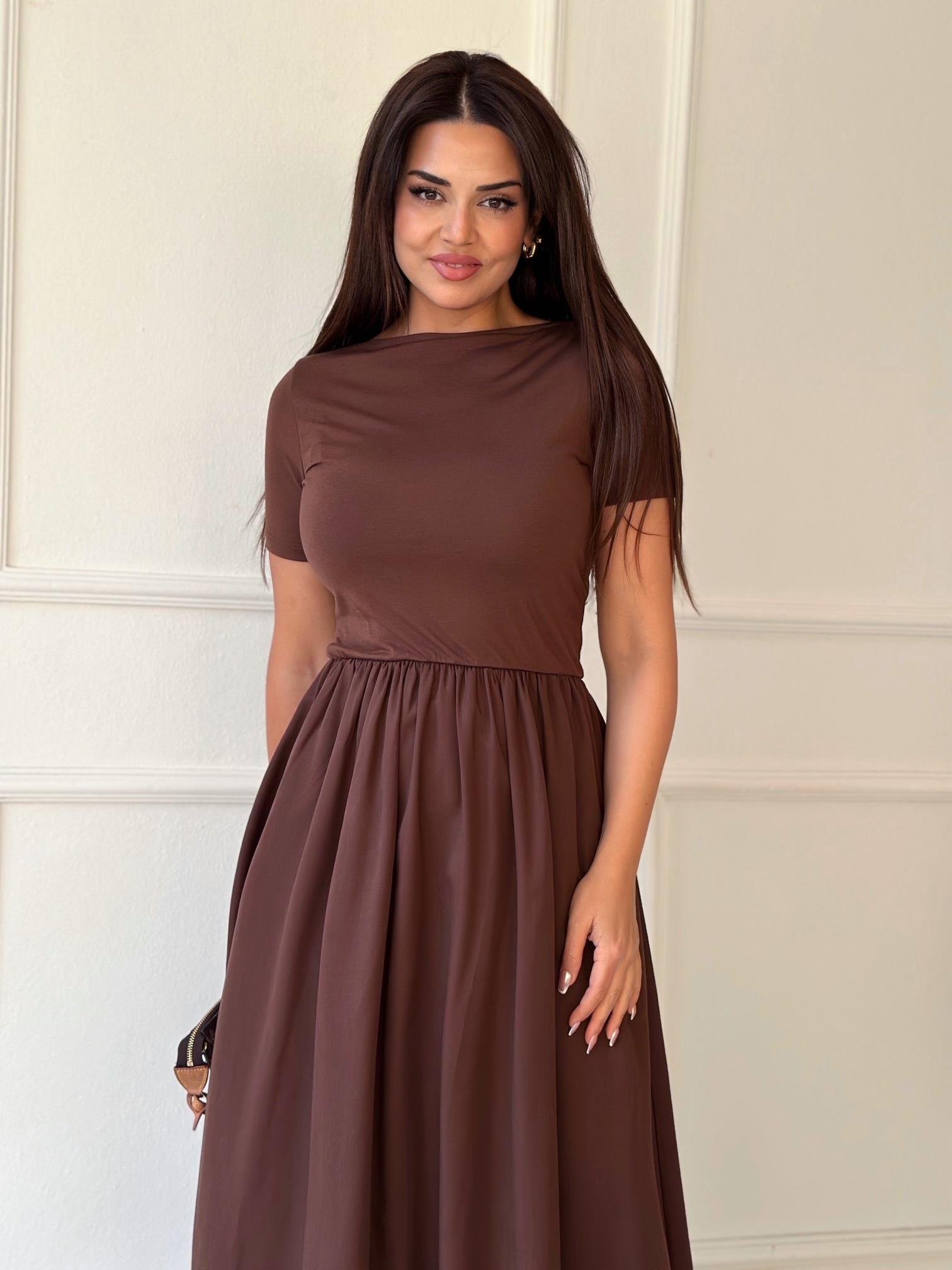 Lüks Kalite Kayık Yaka Yarım Kollu Diana Maksi Elbise - Kahve