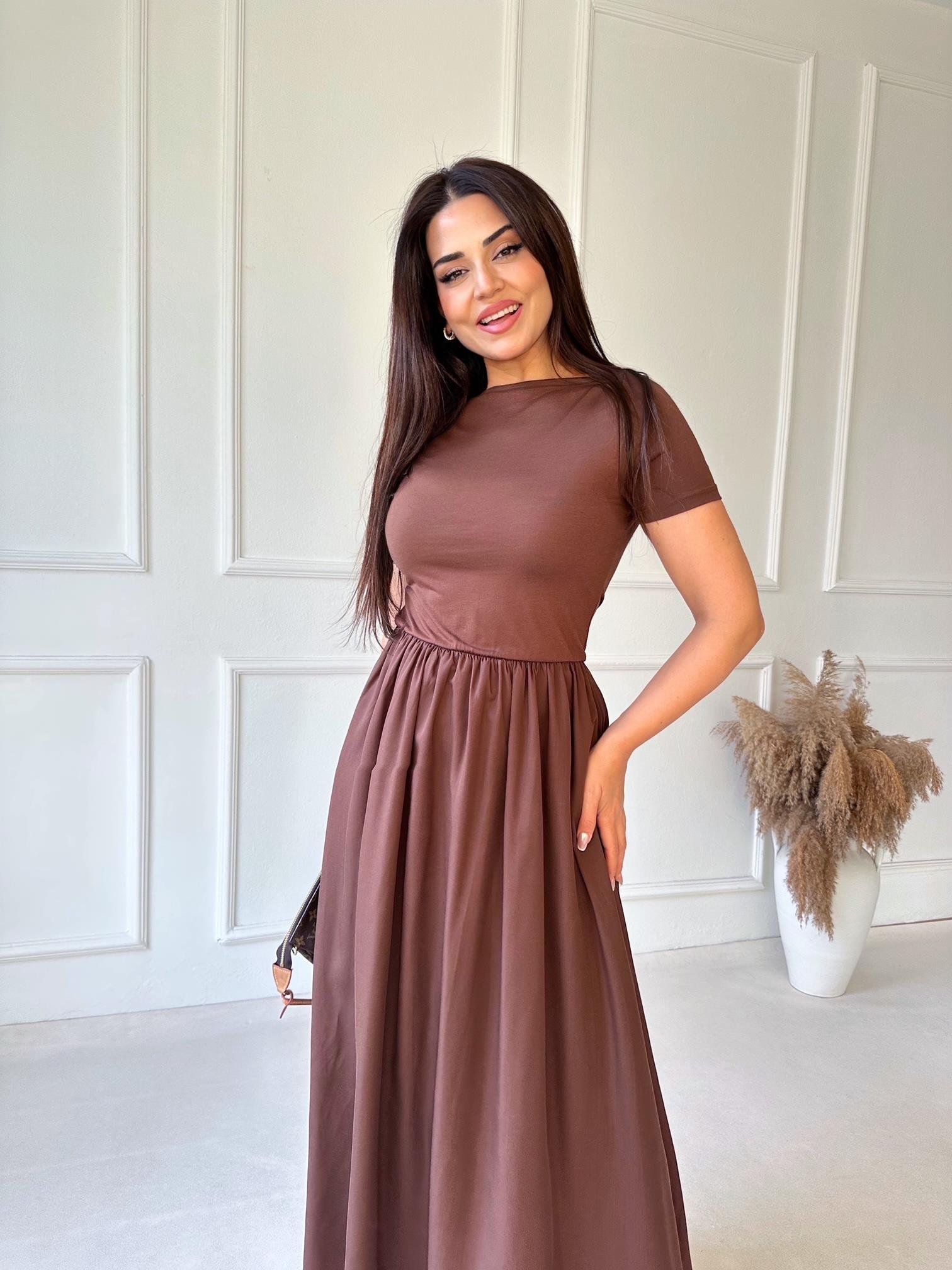 Lüks Kalite Kayık Yaka Yarım Kollu Diana Maksi Elbise - Kahve