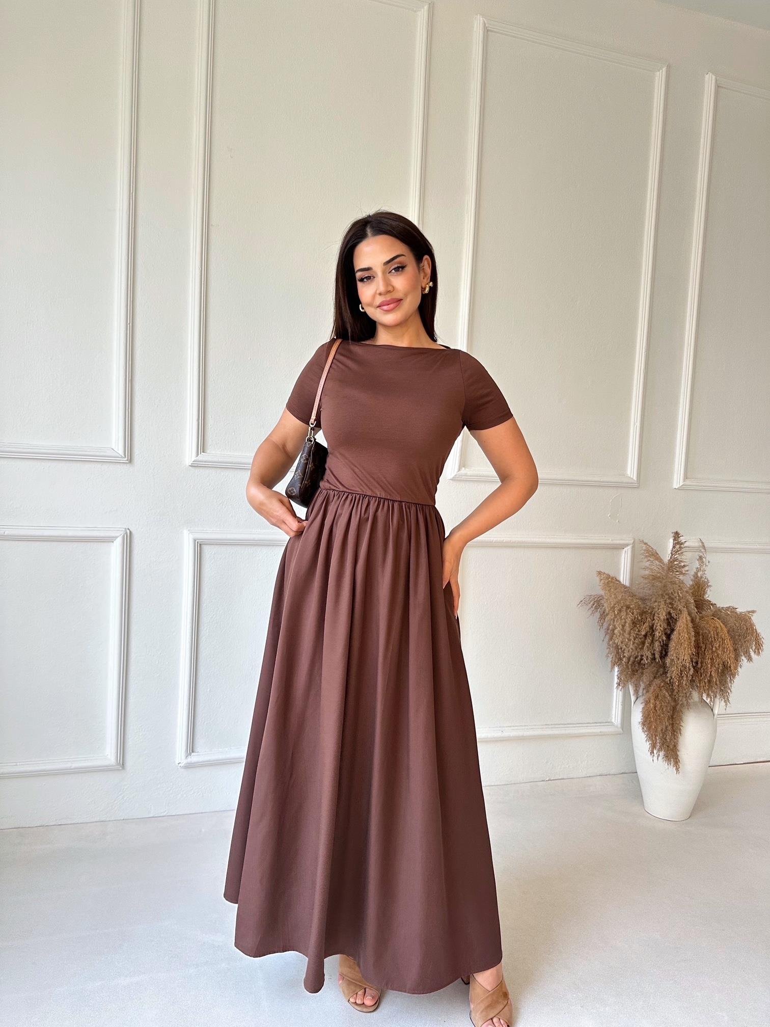 Lüks Kalite Kayık Yaka Yarım Kollu Diana Maksi Elbise - Kahve