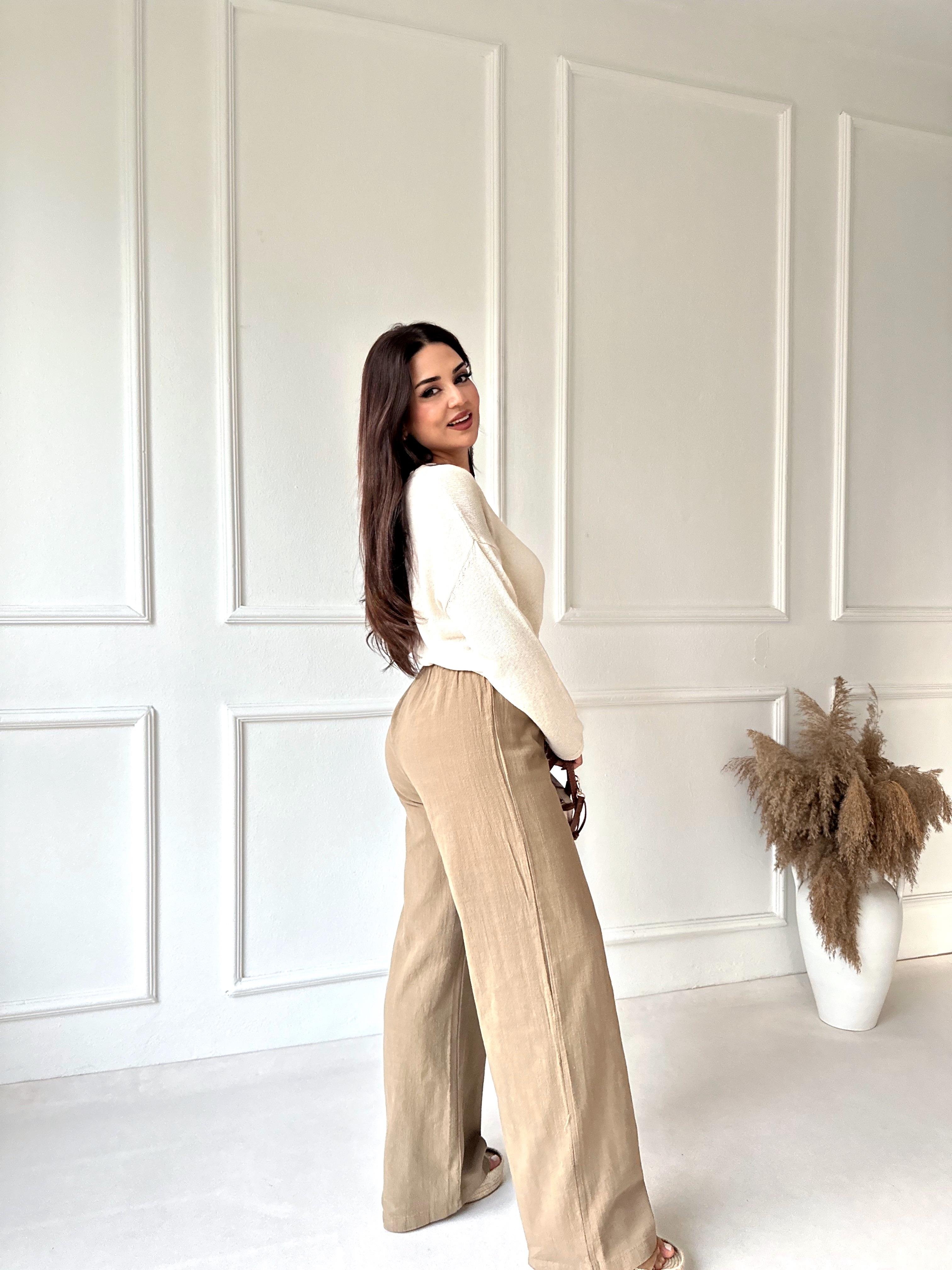 Lüks Kalite Keten Görünümlü Beli Lastikli Bol Paça Pantolon Haki