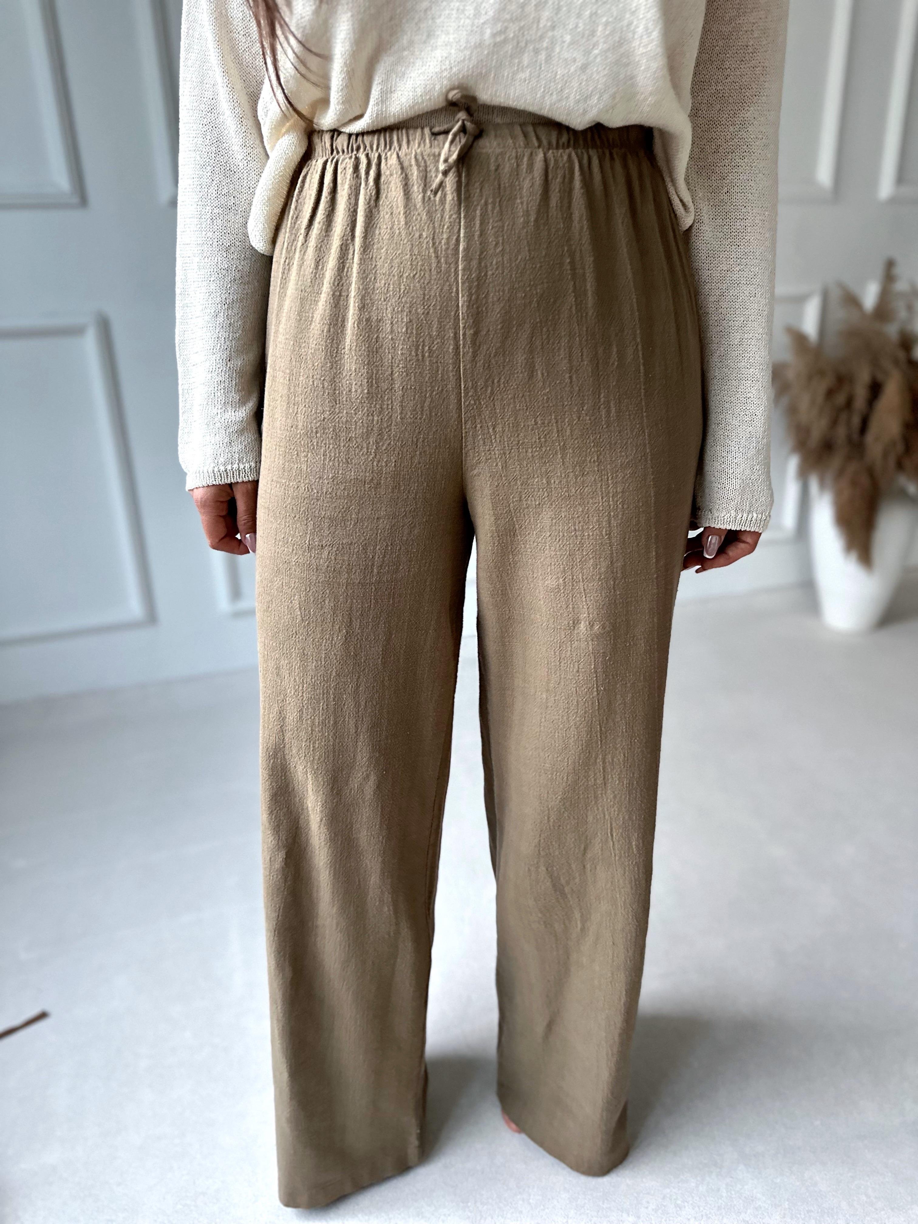 Lüks Kalite Keten Görünümlü Beli Lastikli Bol Paça Pantolon Haki