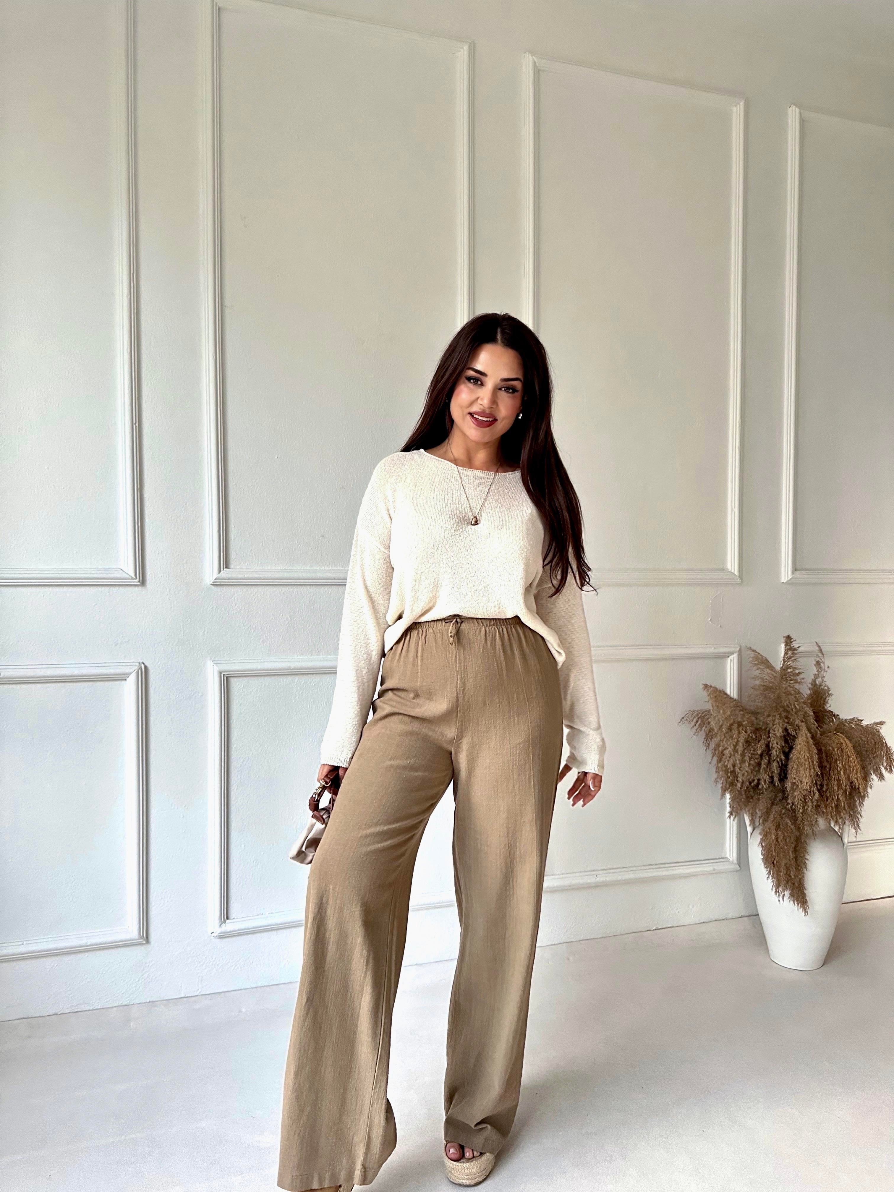 Lüks Kalite Keten Görünümlü Beli Lastikli Bol Paça Pantolon Haki