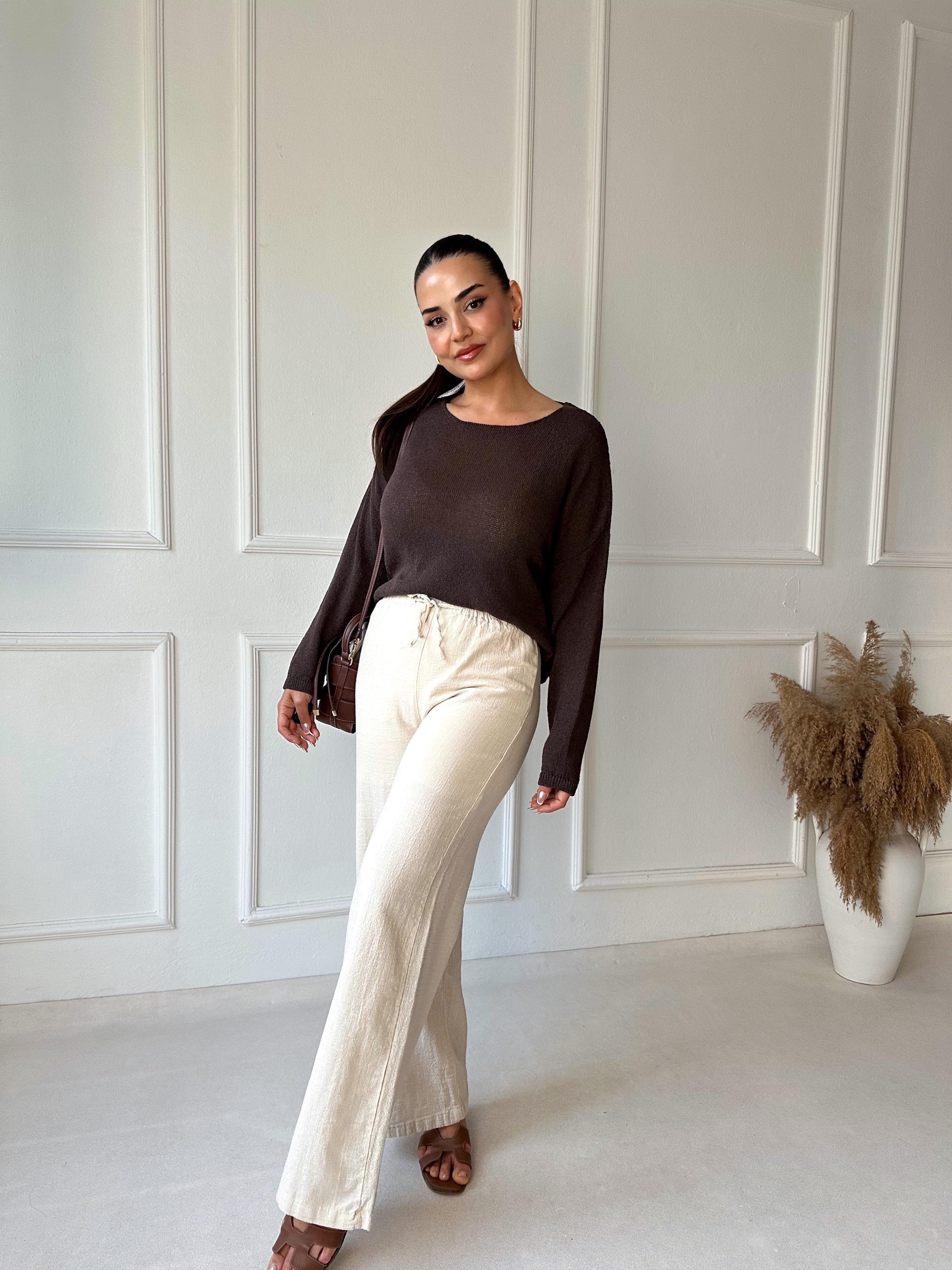 Lüks Kalite Keten Görünümlü Beli Lastikli Bol Paça Pantolon Bej