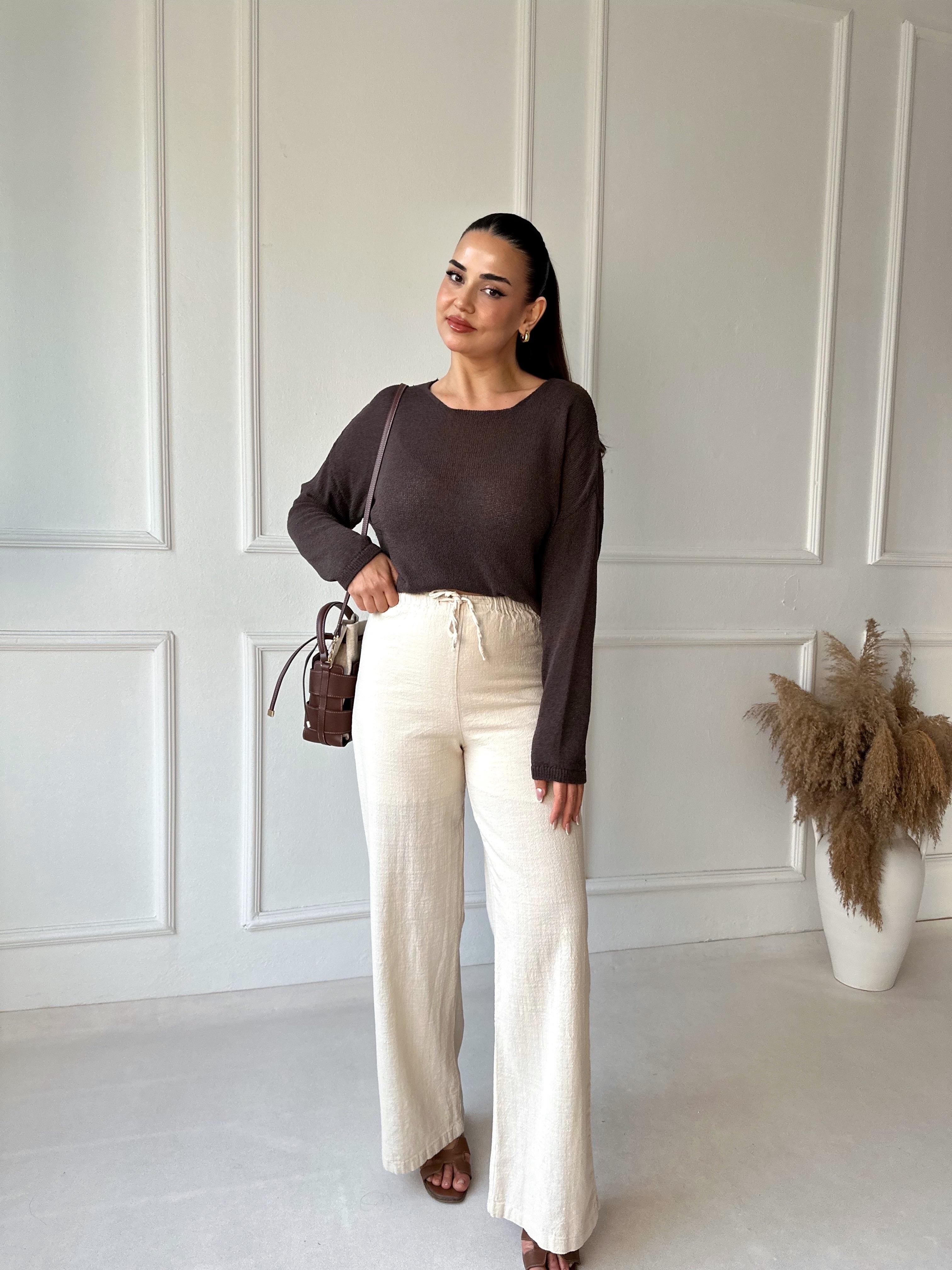 Lüks Kalite Keten Görünümlü Beli Lastikli Bol Paça Pantolon Bej