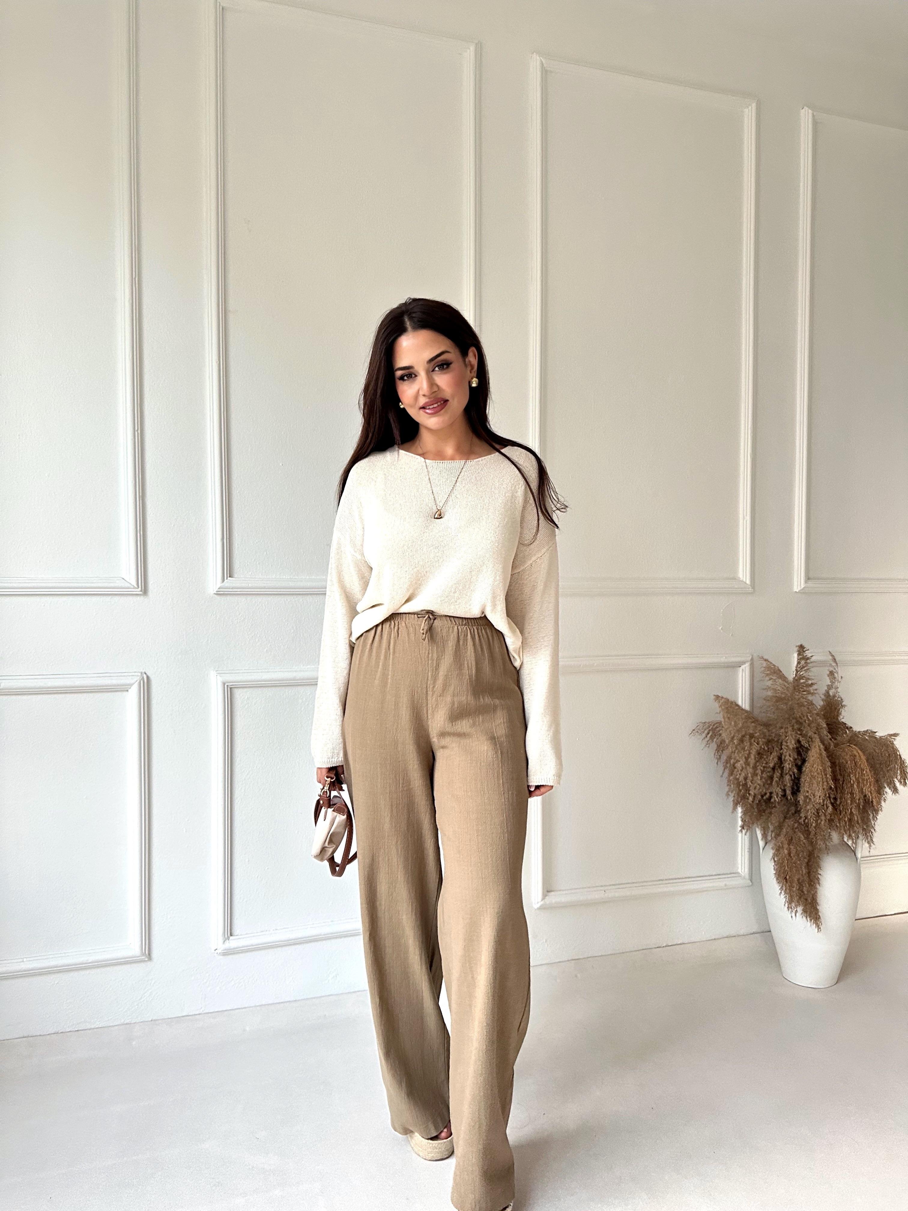 Lüks Kalite Keten Görünümlü Beli Lastikli Bol Paça Pantolon Haki