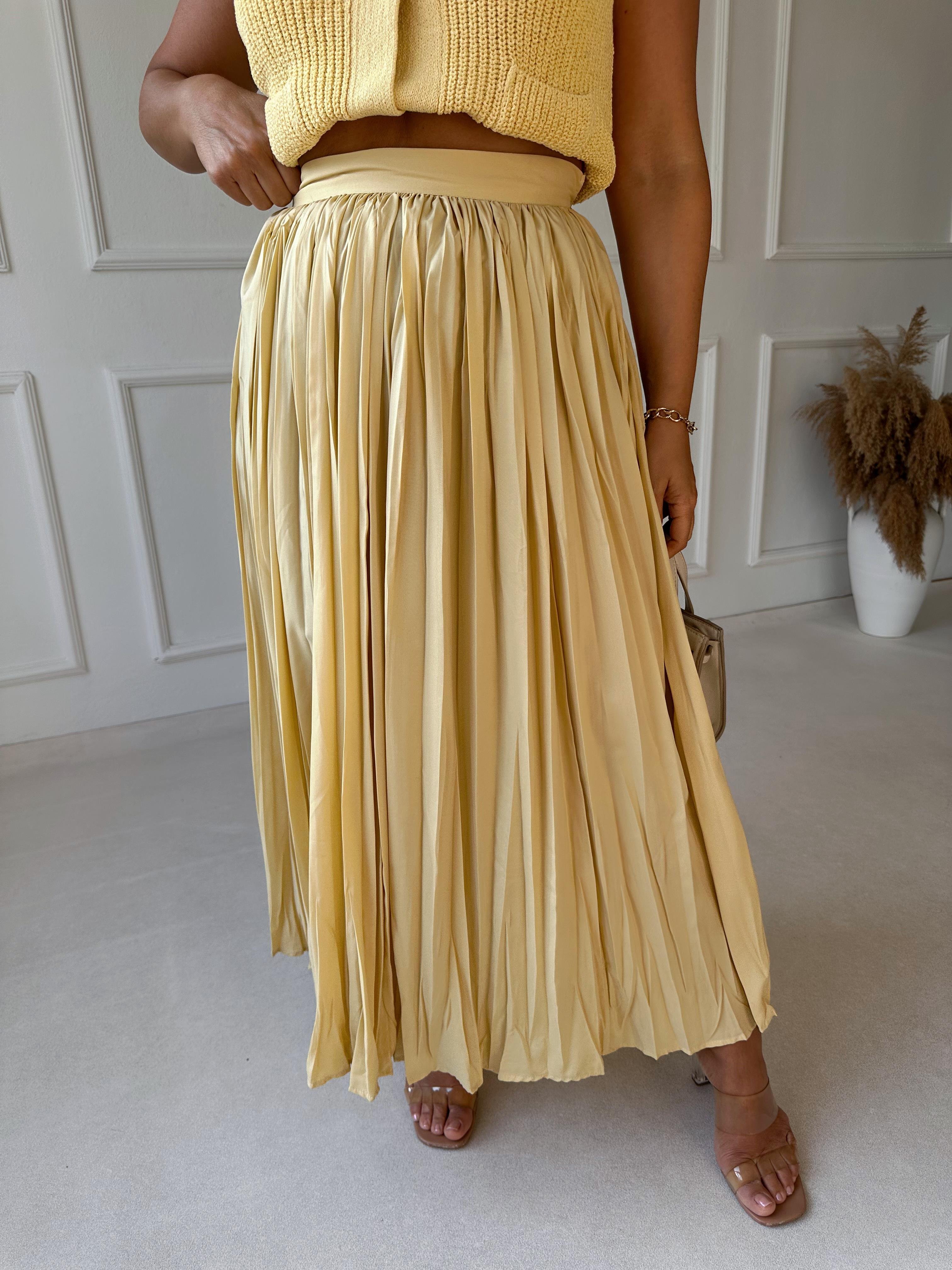 Lüks Kalite Kırışık Kumaş Sarı Maksi Etek