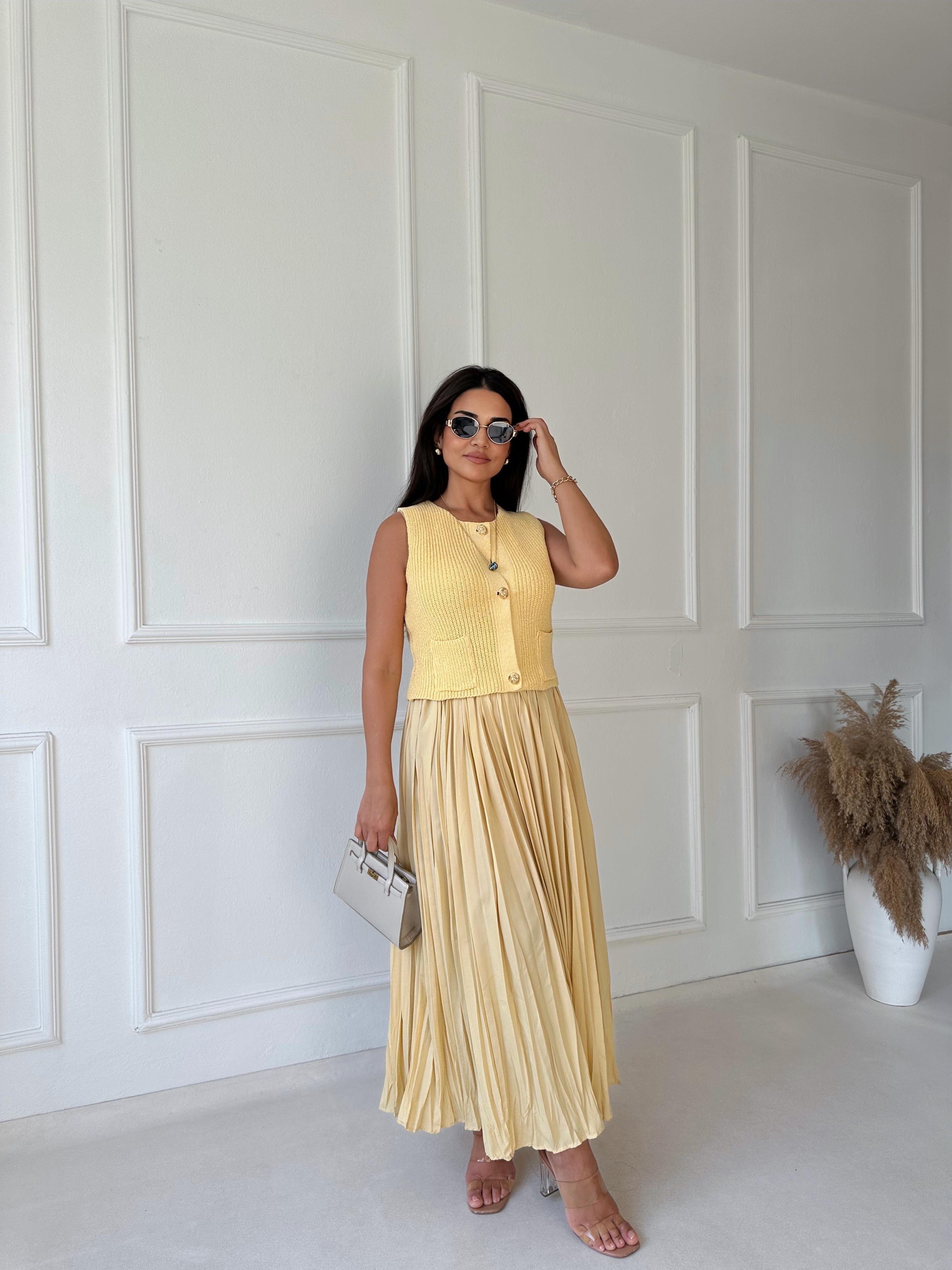 Lüks Kalite Kırışık Kumaş Sarı Maksi Etek