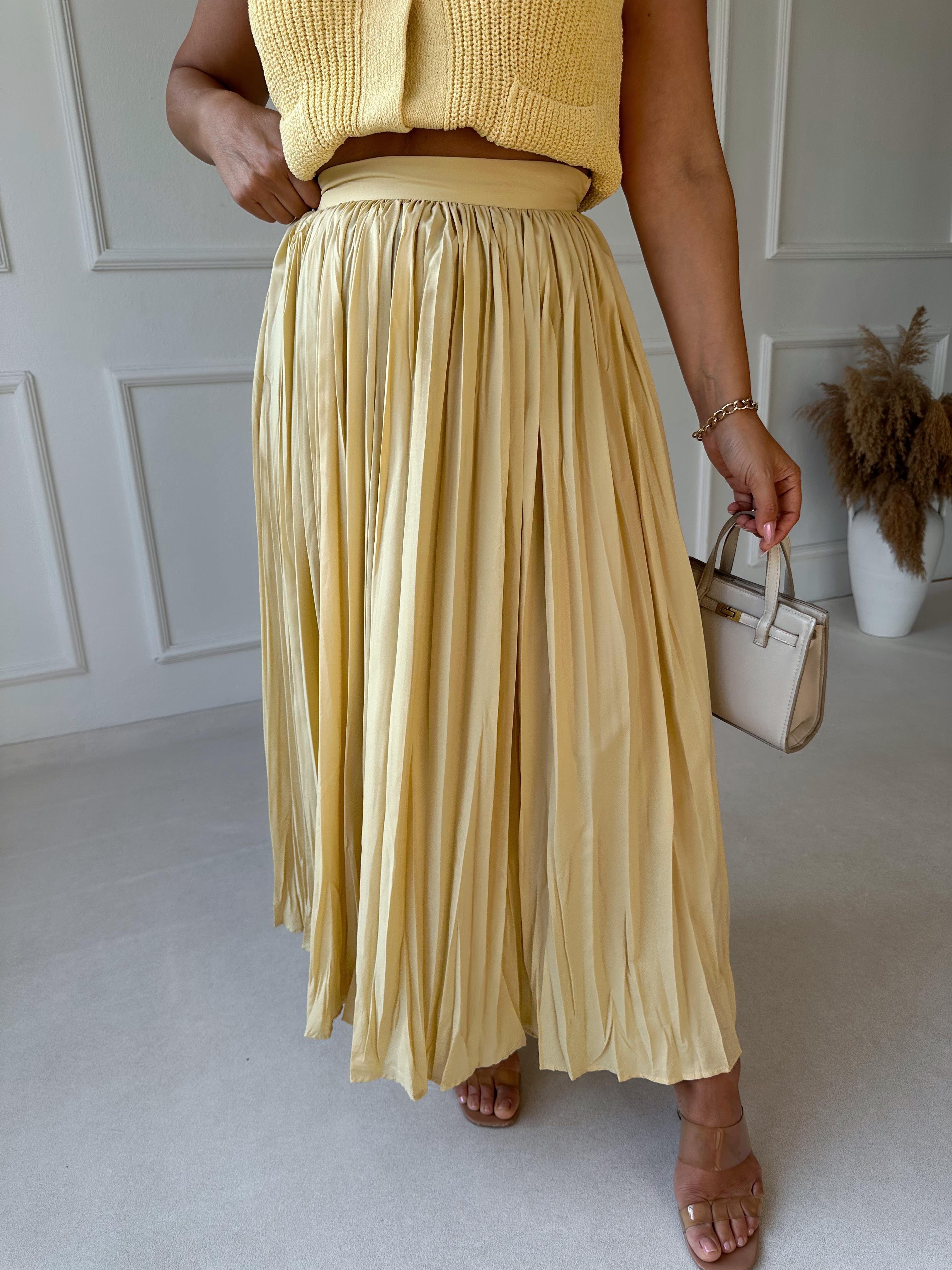 Lüks Kalite Kırışık Kumaş Sarı Maksi Etek