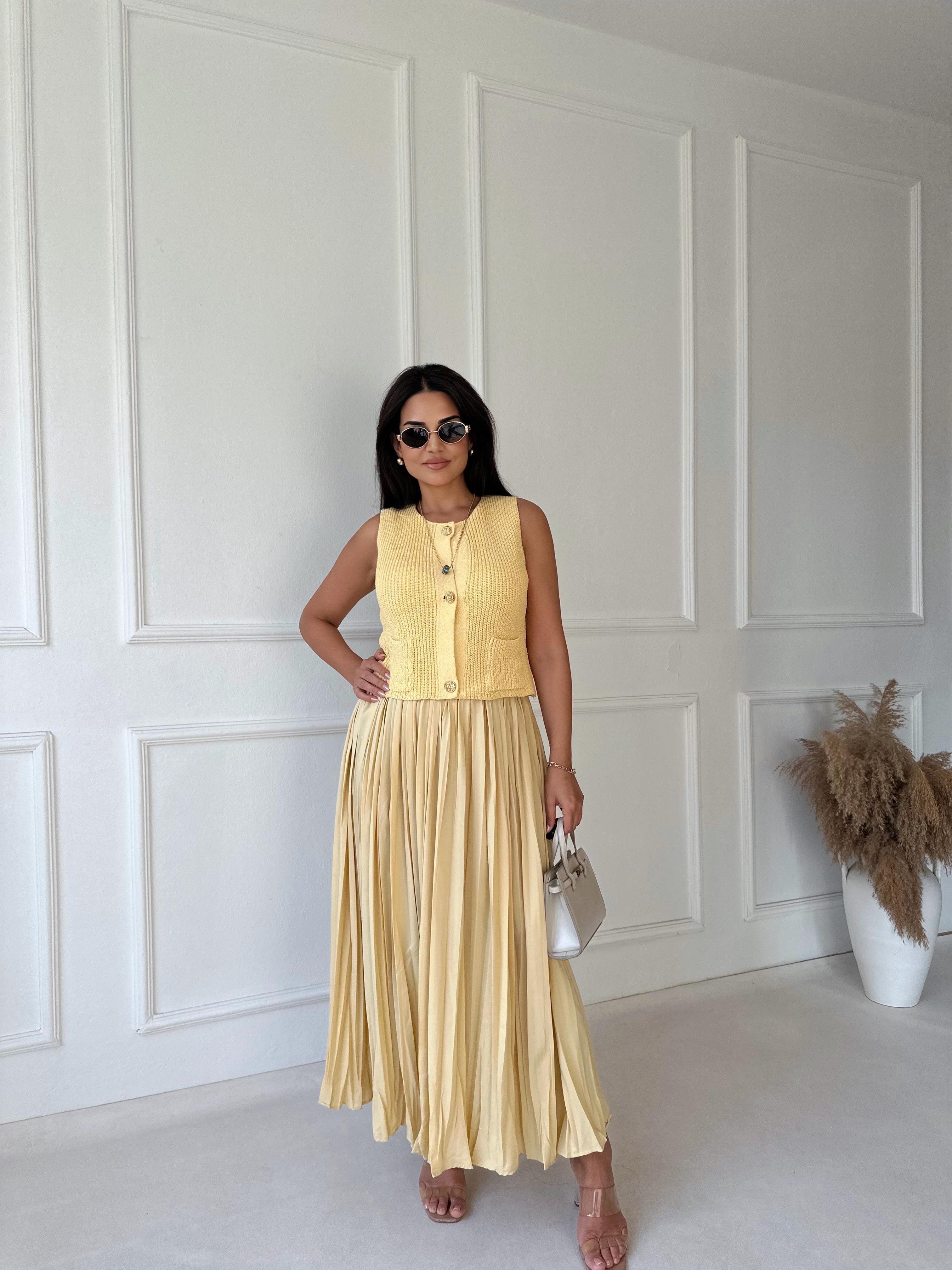 Lüks Kalite Kırışık Kumaş Sarı Maksi Etek