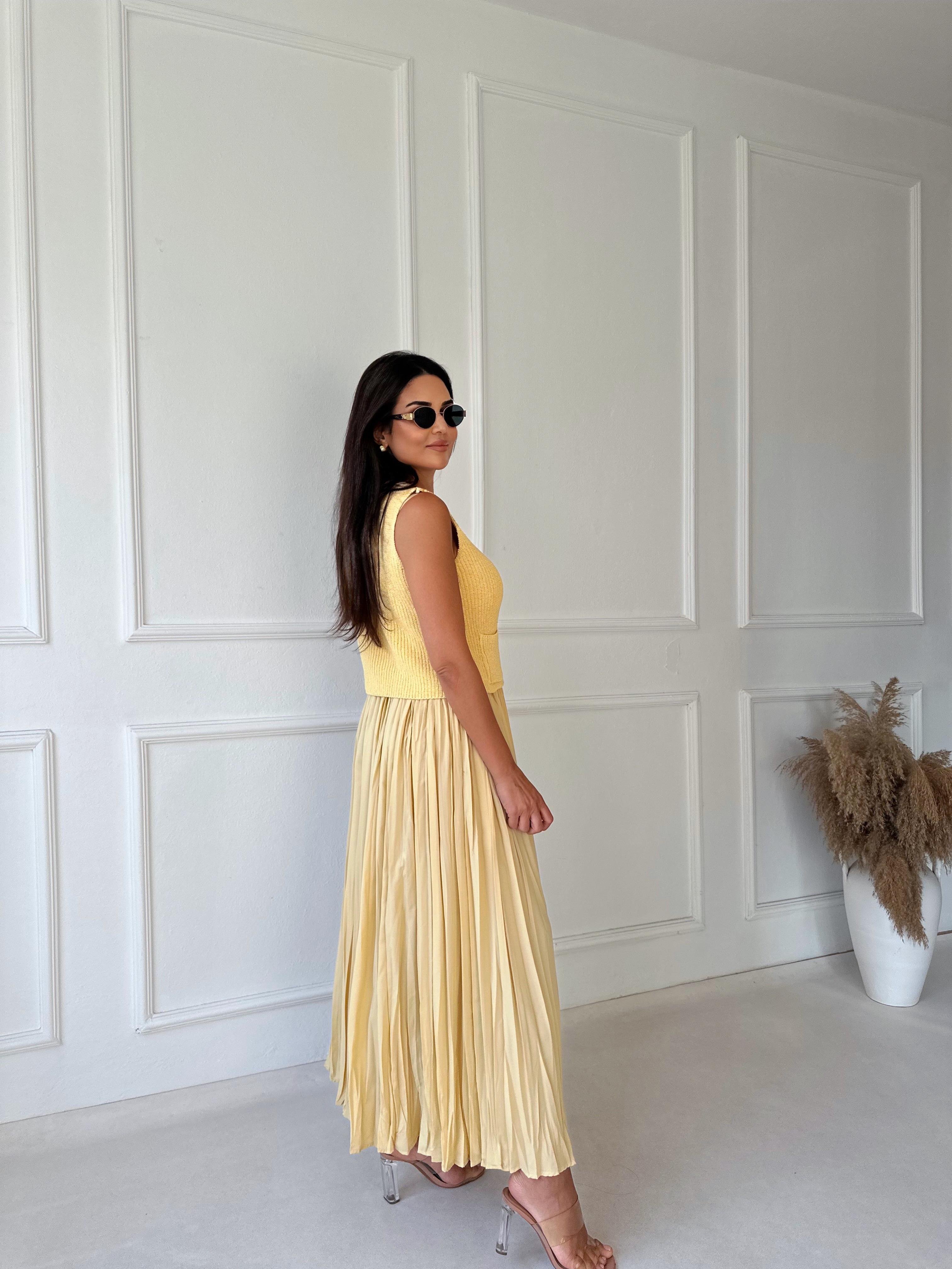 Lüks Kalite Kırışık Kumaş Sarı Maksi Etek