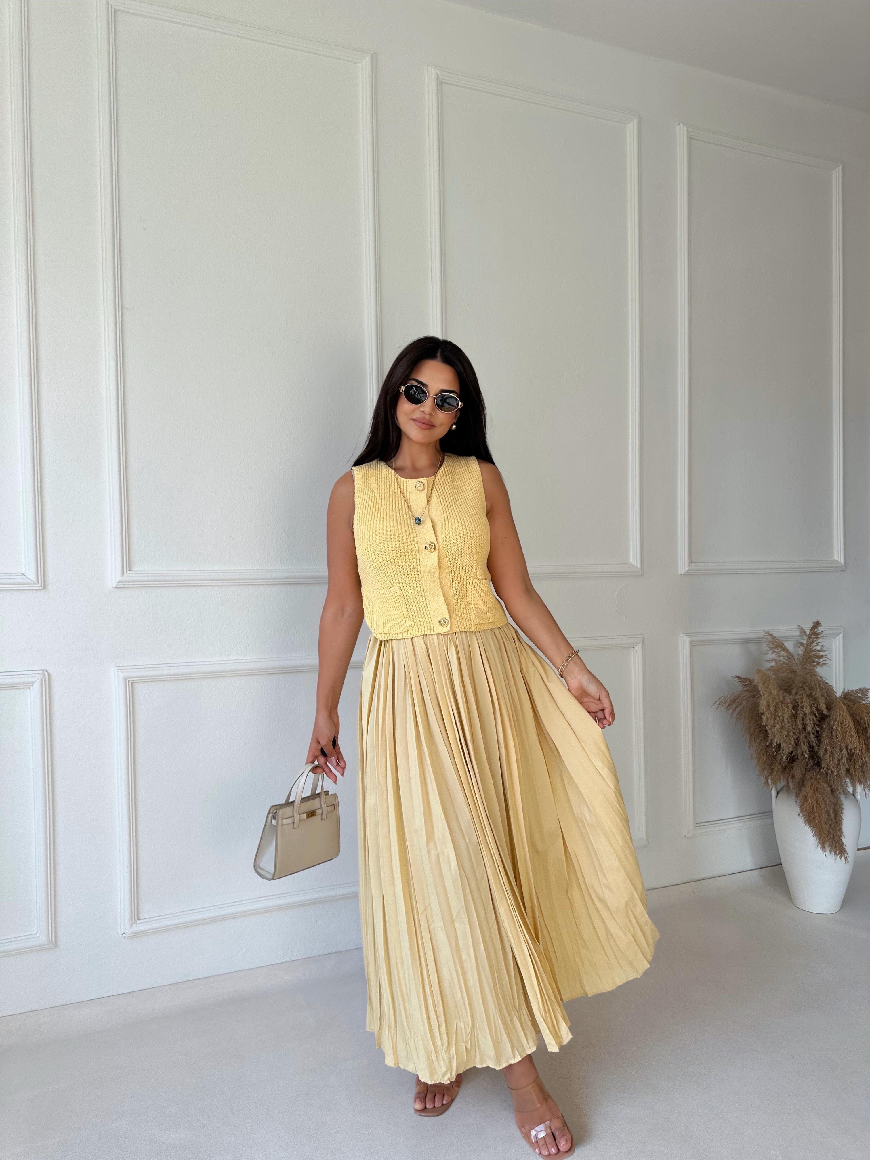 Lüks Kalite Kırışık Kumaş Sarı Maksi Etek