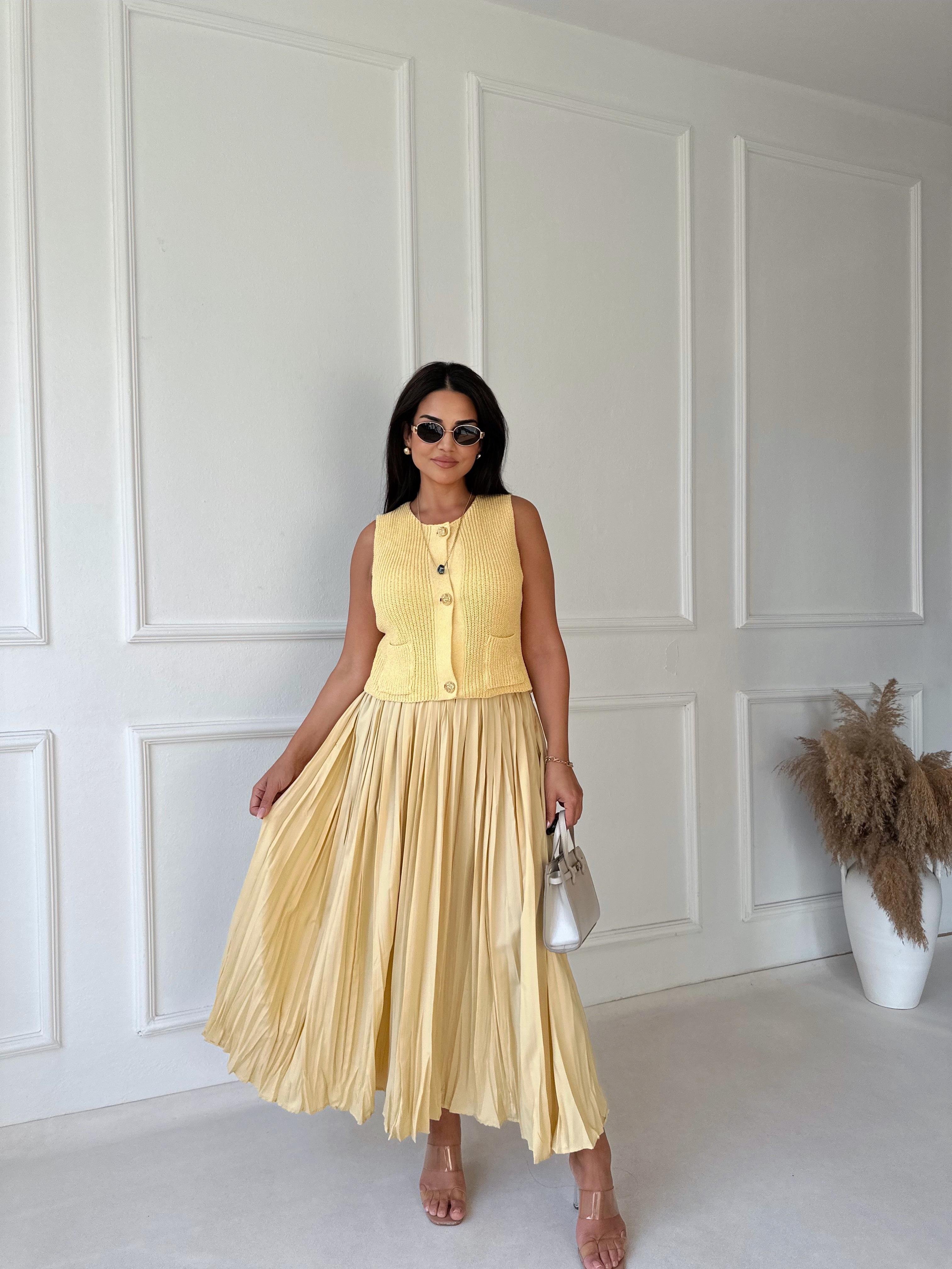 Lüks Kalite Kırışık Kumaş Sarı Maksi Etek