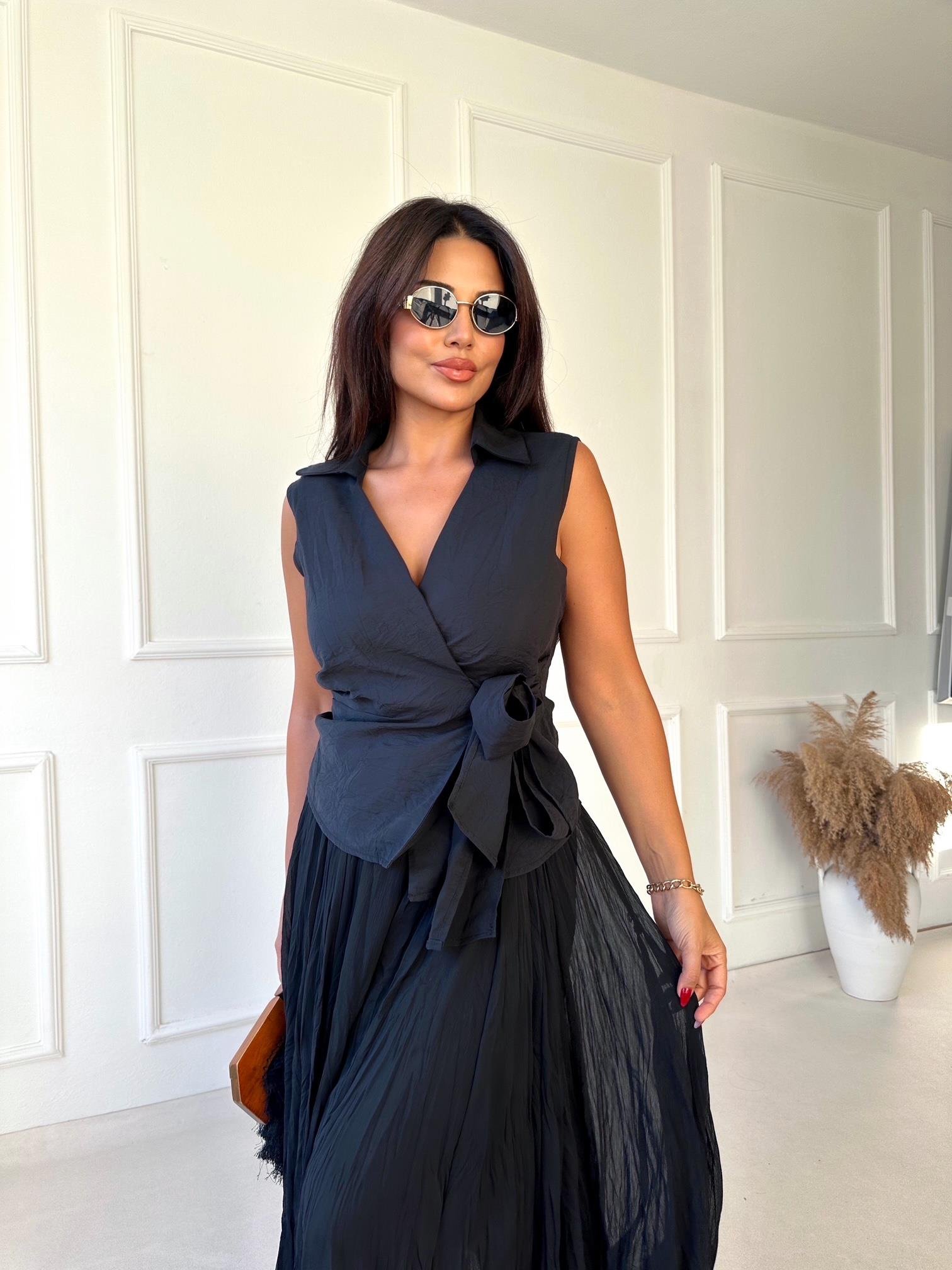 Lüks Kalite Kolsuz Kruvaze Gömlek Siyah - Nora Butik