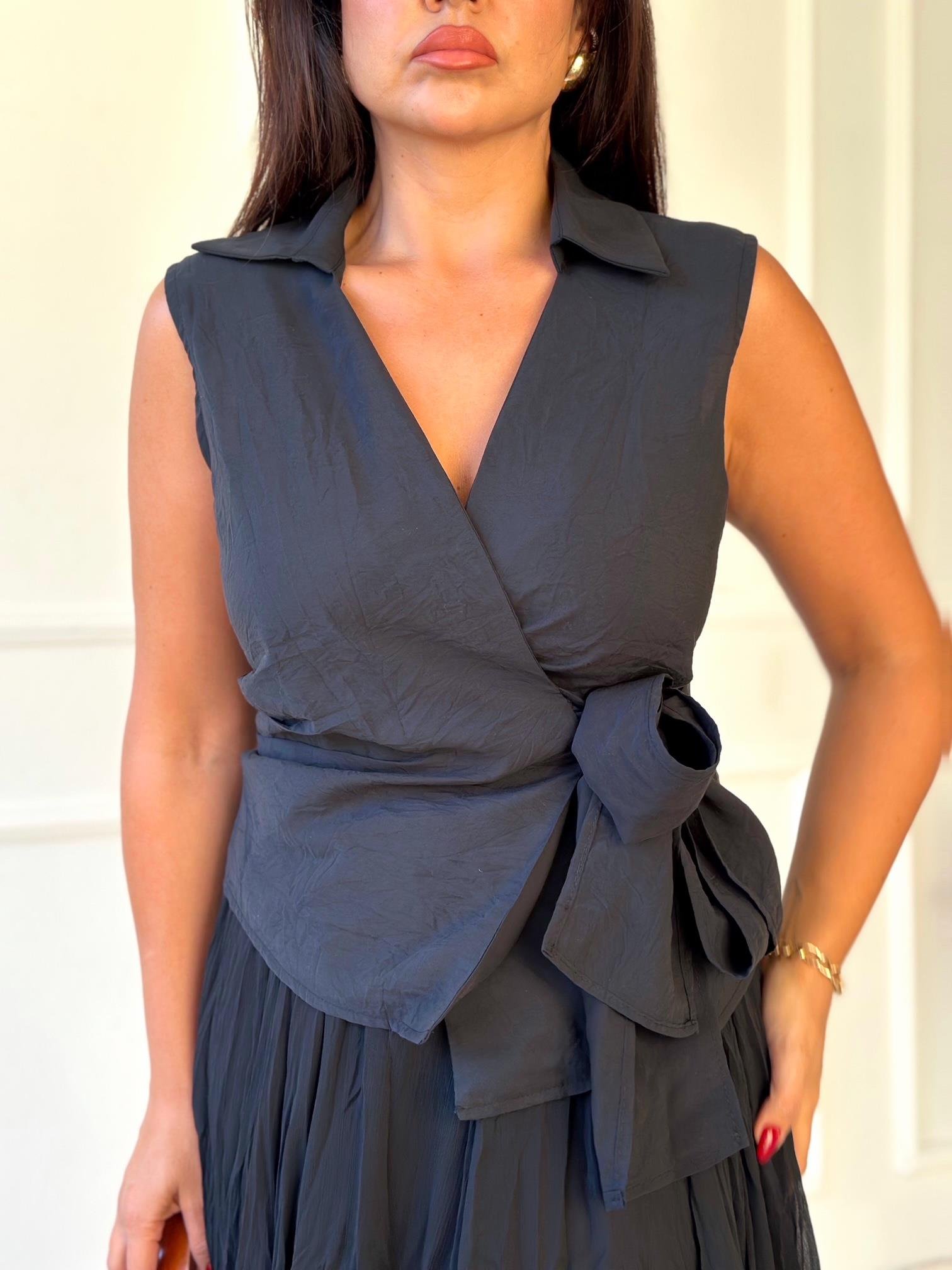 Lüks Kalite Kolsuz Kruvaze Gömlek Siyah - Nora Butik