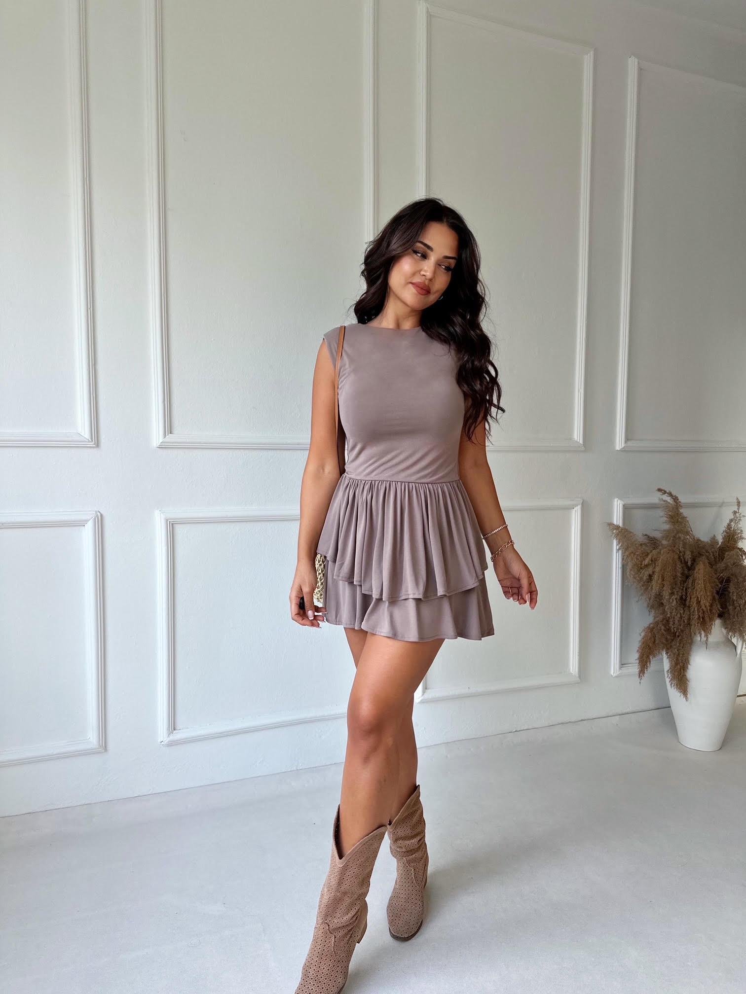 Lüks Kalite Kolsuz Vizon Katlı Etekli Mini Elbise