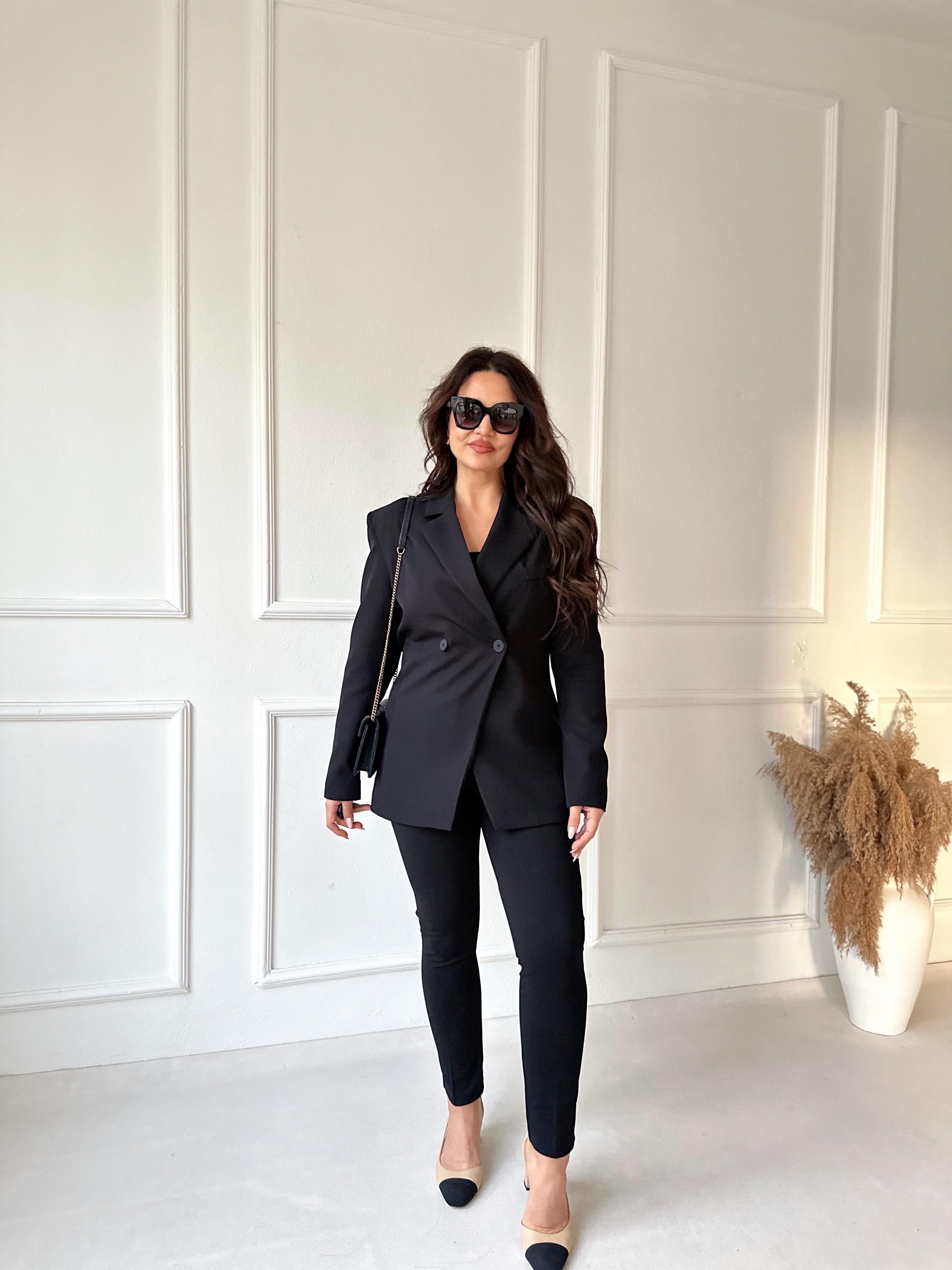 Lüks Kalite Kruvaze Bele Oturan Siyah Blazer Ceket