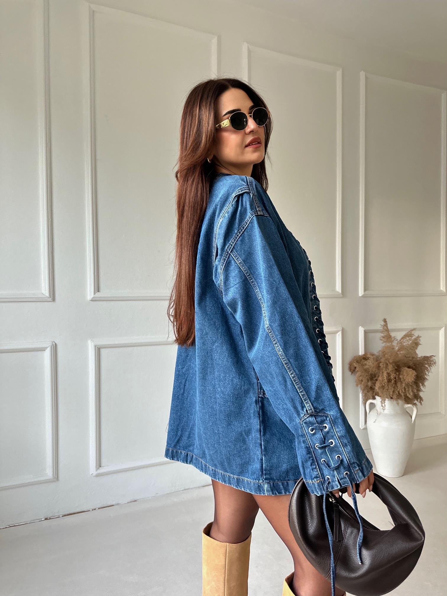 Lüks Kalite Kuşgözlü Tasarım Denim Ceket ve Etek Takım