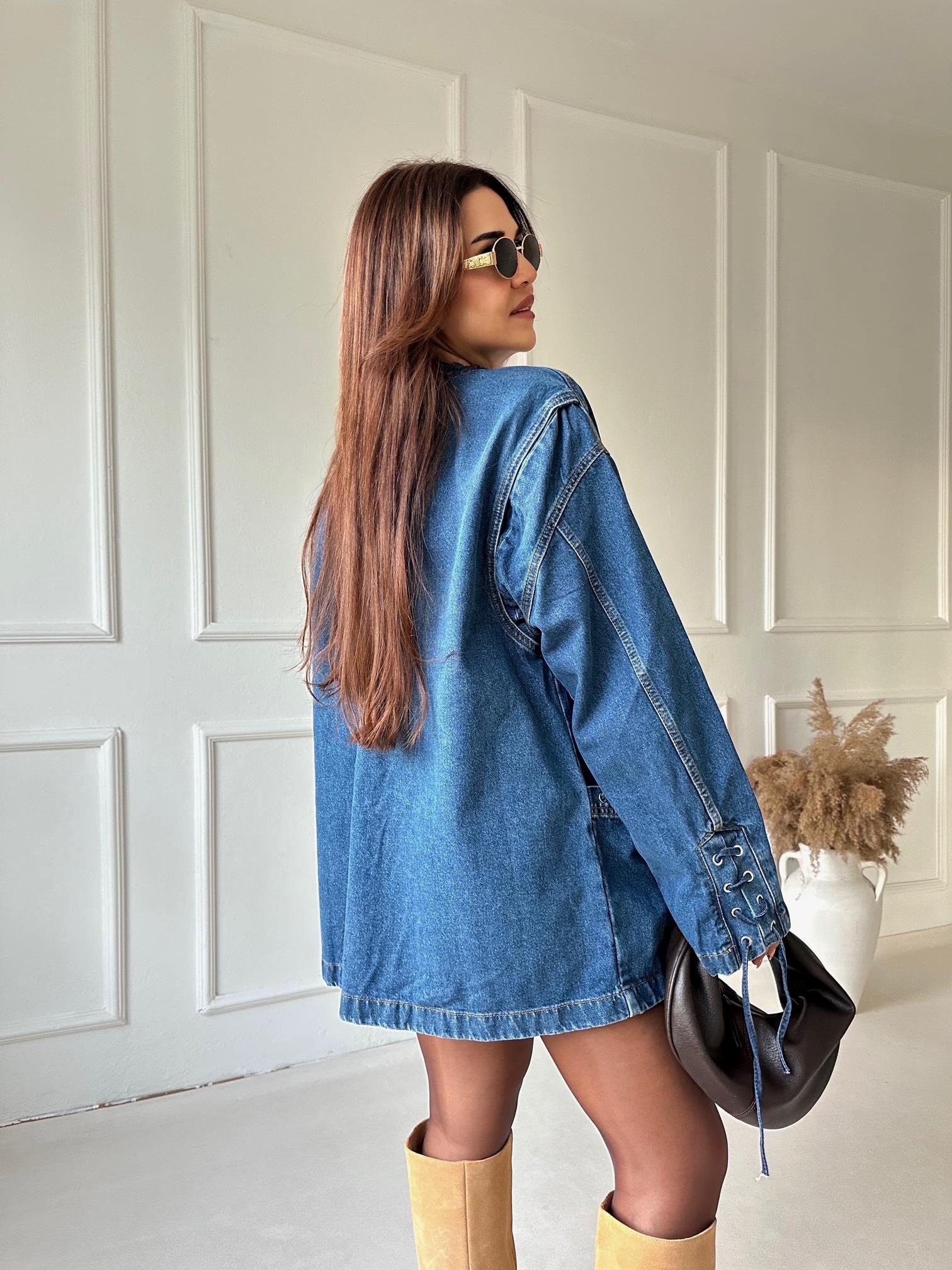 Lüks Kalite Kuşgözlü Tasarım Denim Ceket ve Etek Takım