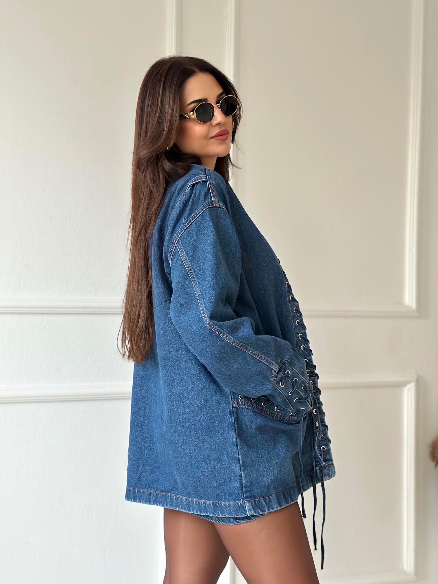 Lüks Kalite Kuşgözlü Tasarım Denim Ceket ve Etek Takım