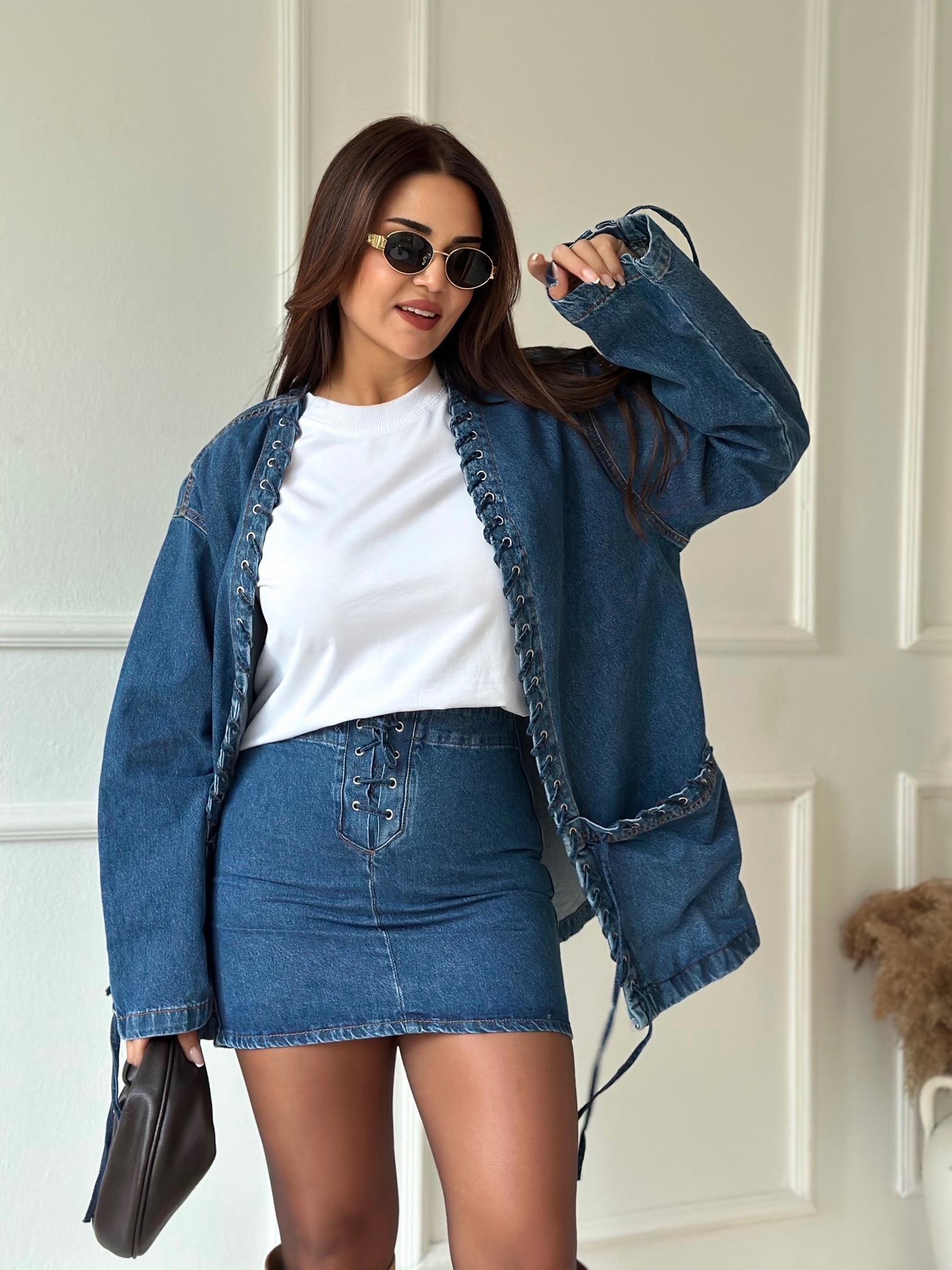 Lüks Kalite Kuşgözlü Tasarım Denim Ceket ve Etek Takım