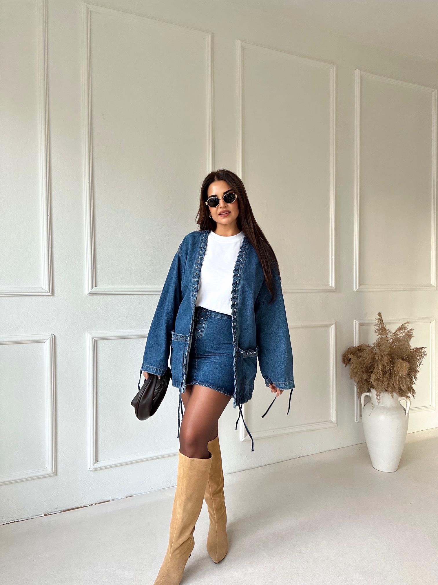 Lüks Kalite Kuşgözlü Tasarım Denim Ceket ve Etek Takım