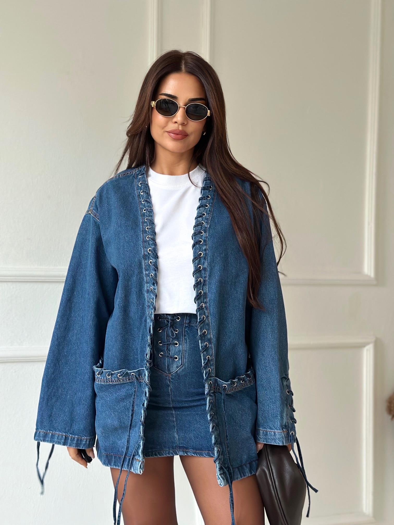 Lüks Kalite Kuşgözlü Tasarım Denim Ceket ve Etek Takım