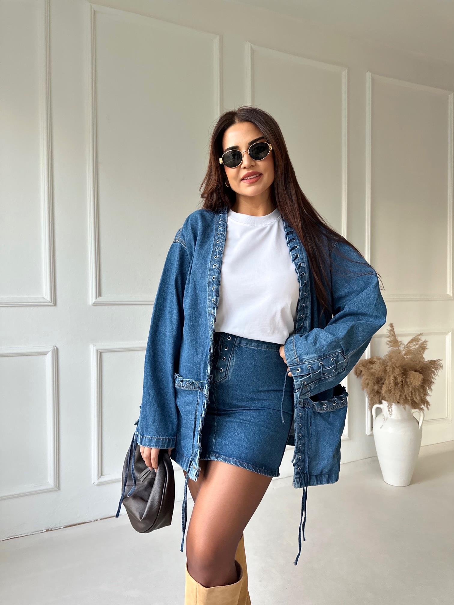 Lüks Kalite Kuşgözlü Tasarım Denim Ceket ve Etek Takım