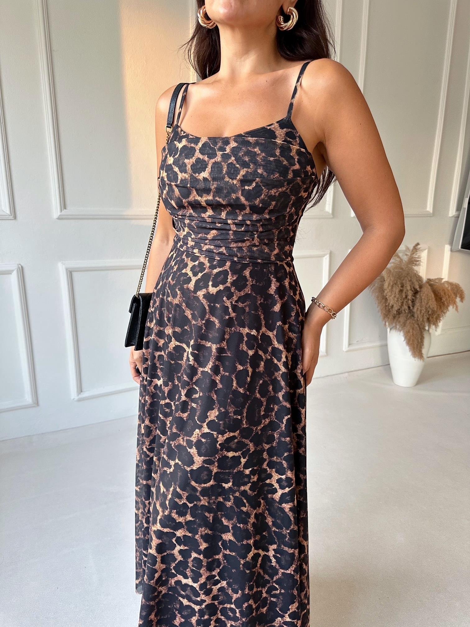 Lüks Kalite Leopar Desen Kloş Etek Midi Elbise