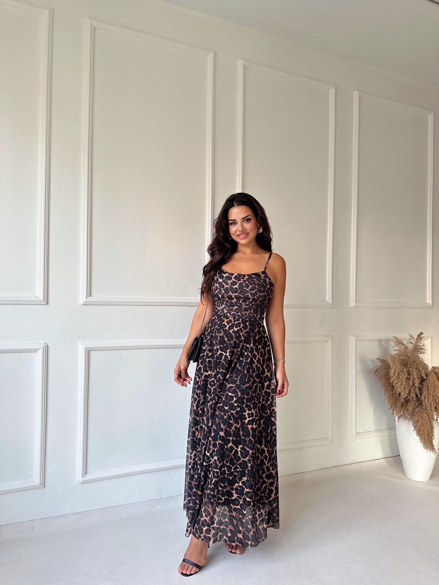 Lüks Kalite Leopar Desen Kloş Etek Midi Elbise