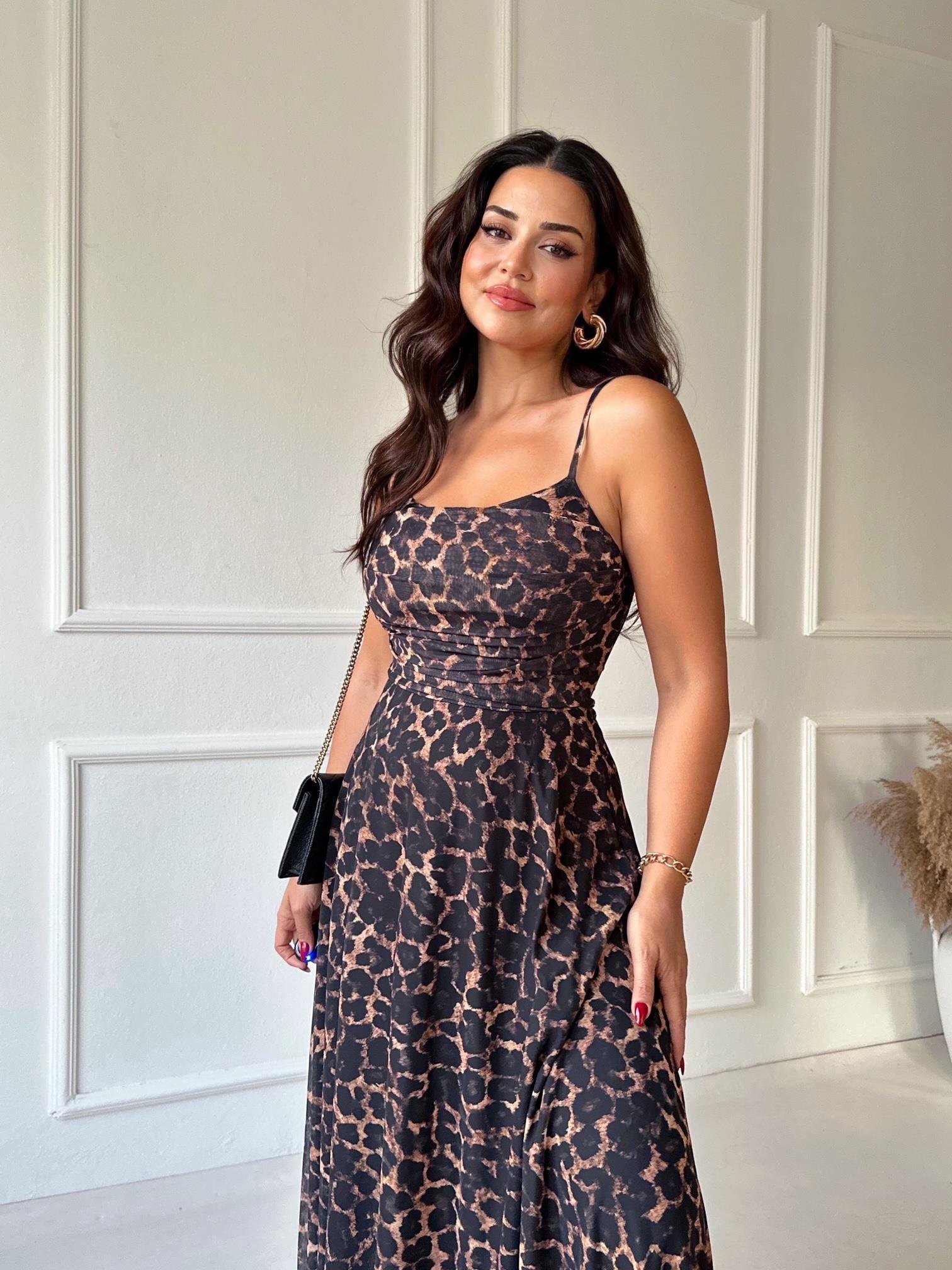 Lüks Kalite Leopar Desen Kloş Etek Midi Elbise