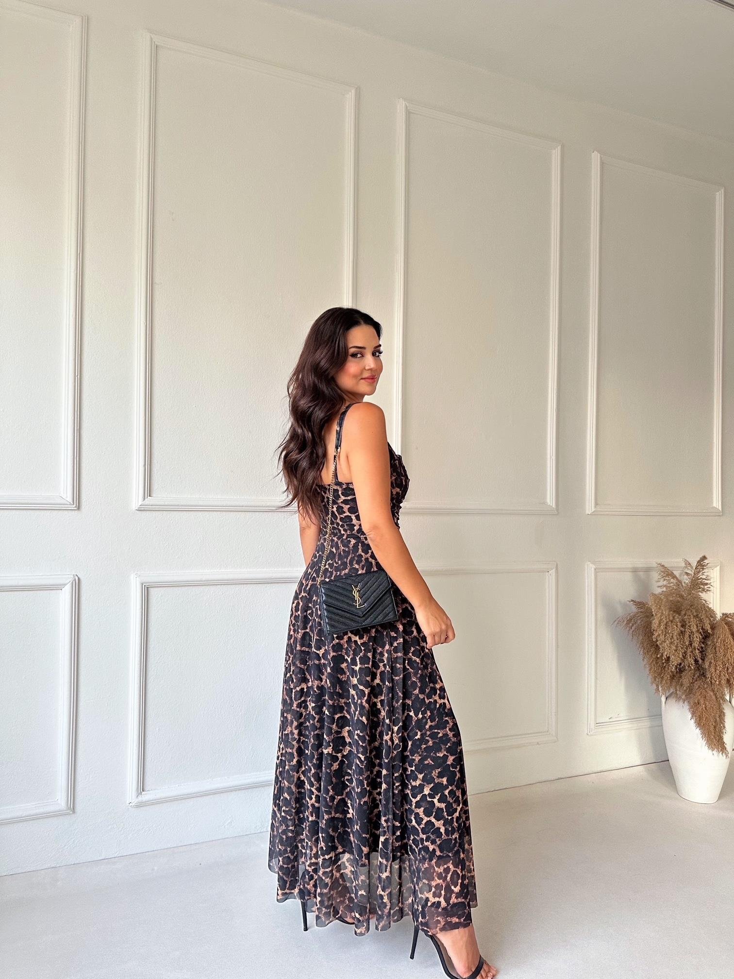 Lüks Kalite Leopar Desen Kloş Etek Midi Elbise