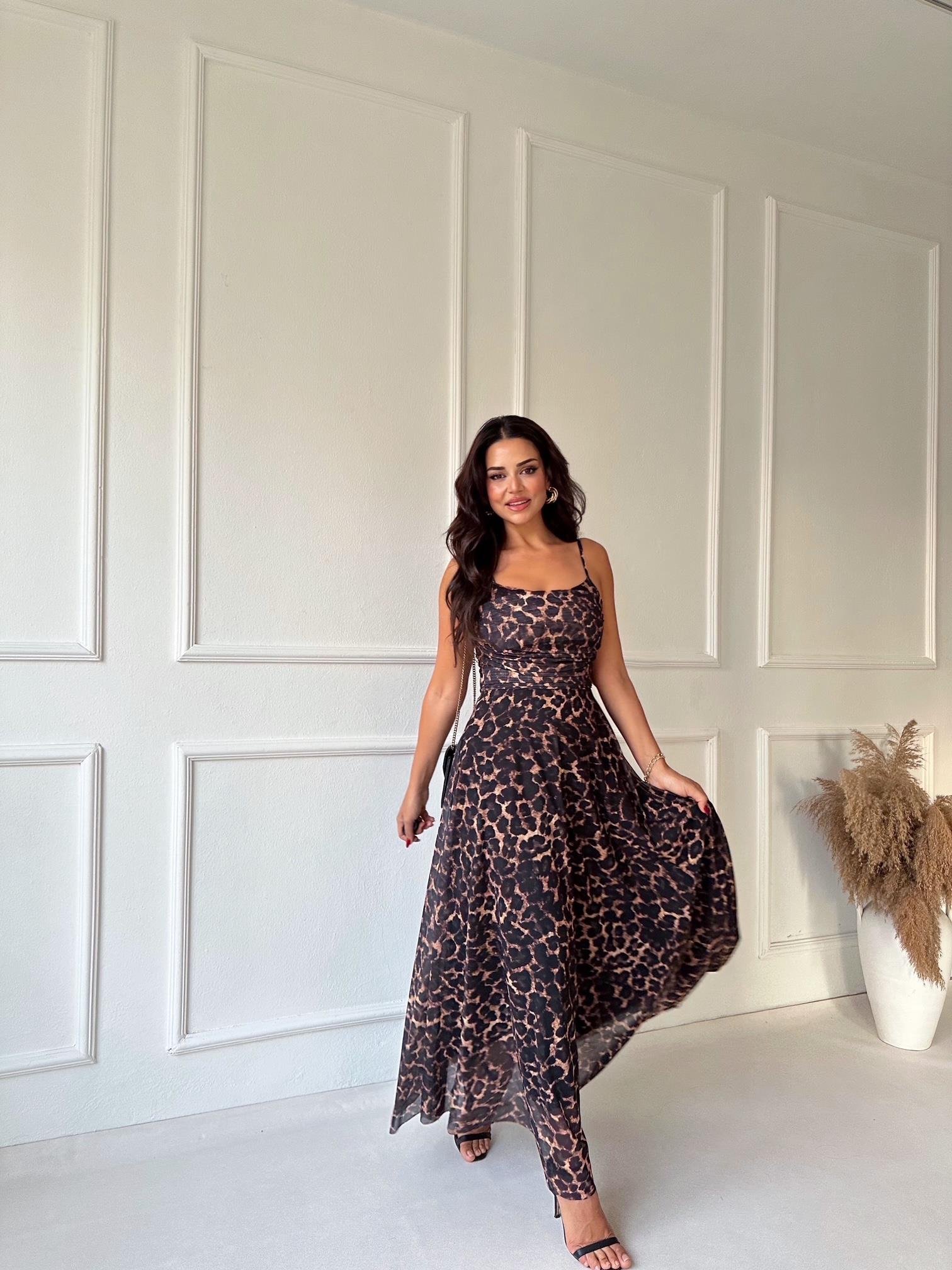 Lüks Kalite Leopar Desen Kloş Etek Midi Elbise