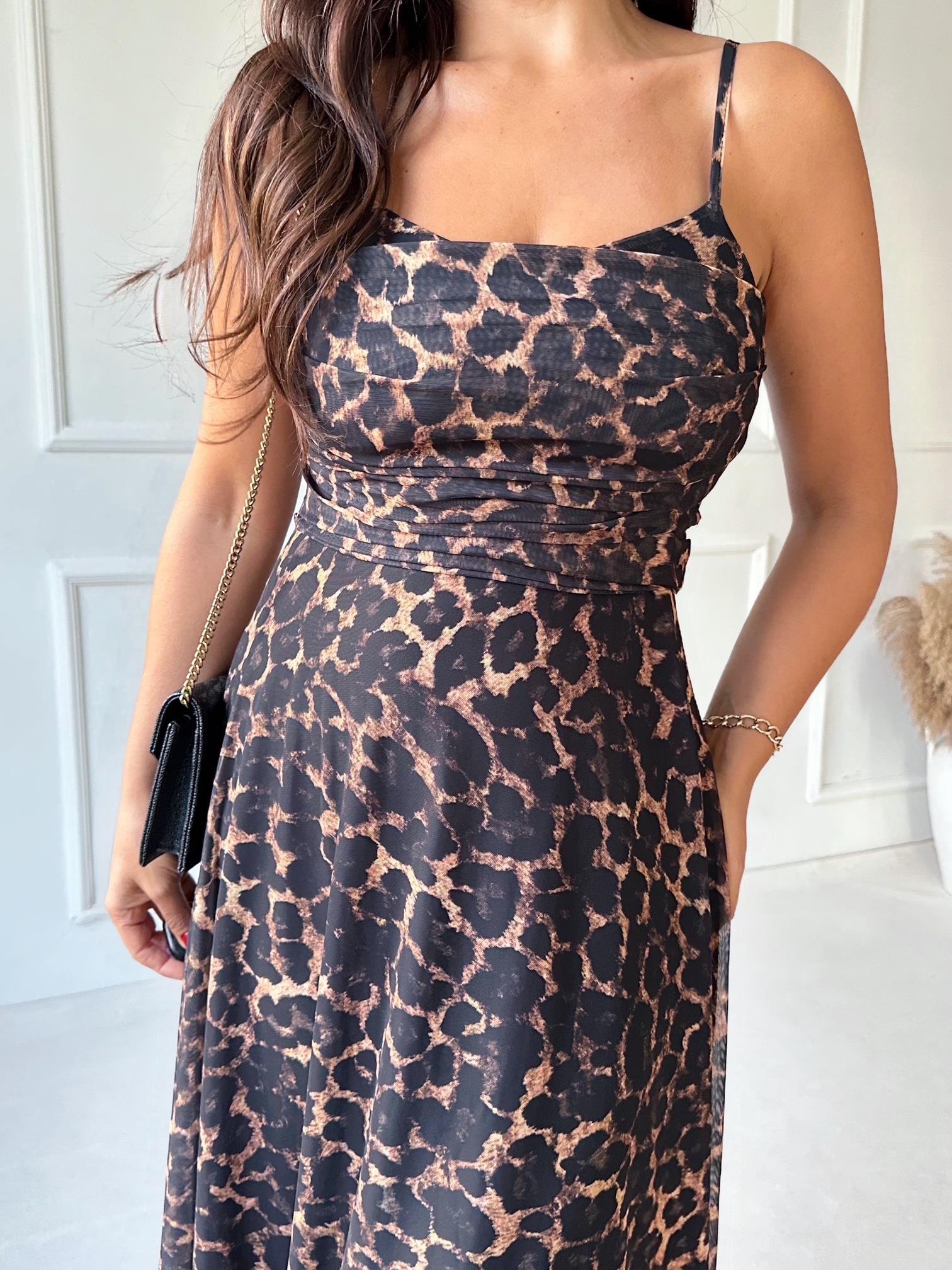 Lüks Kalite Leopar Desen Kloş Etek Midi Elbise