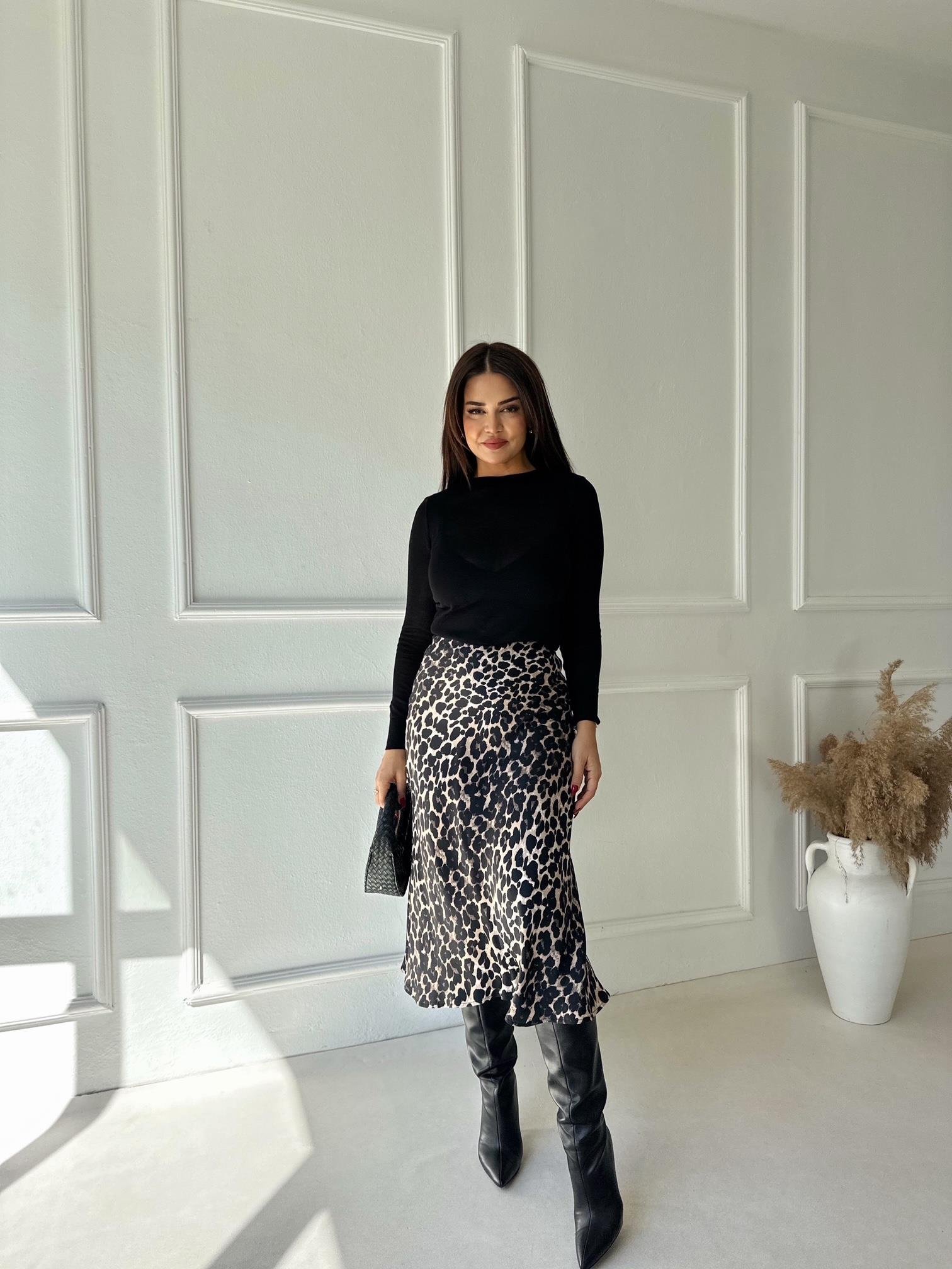 Lüks Kalite Leopar Desen Midi Saten Etek | Nora Butik