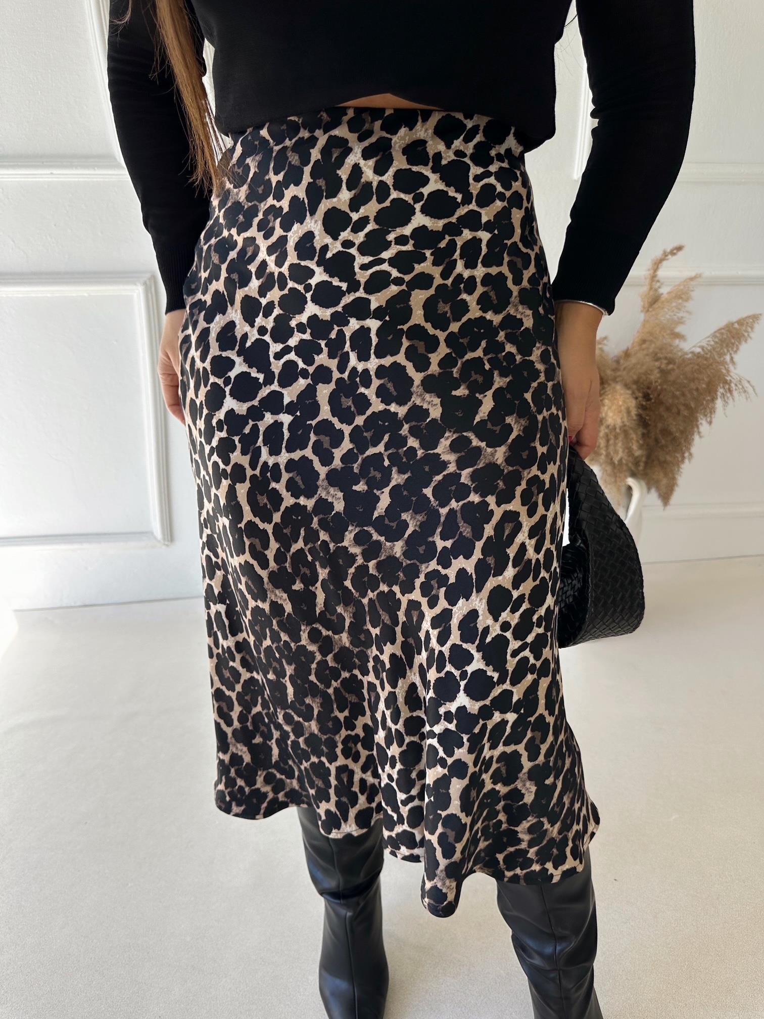 Lüks Kalite Leopar Desen Midi Saten Etek | Nora Butik