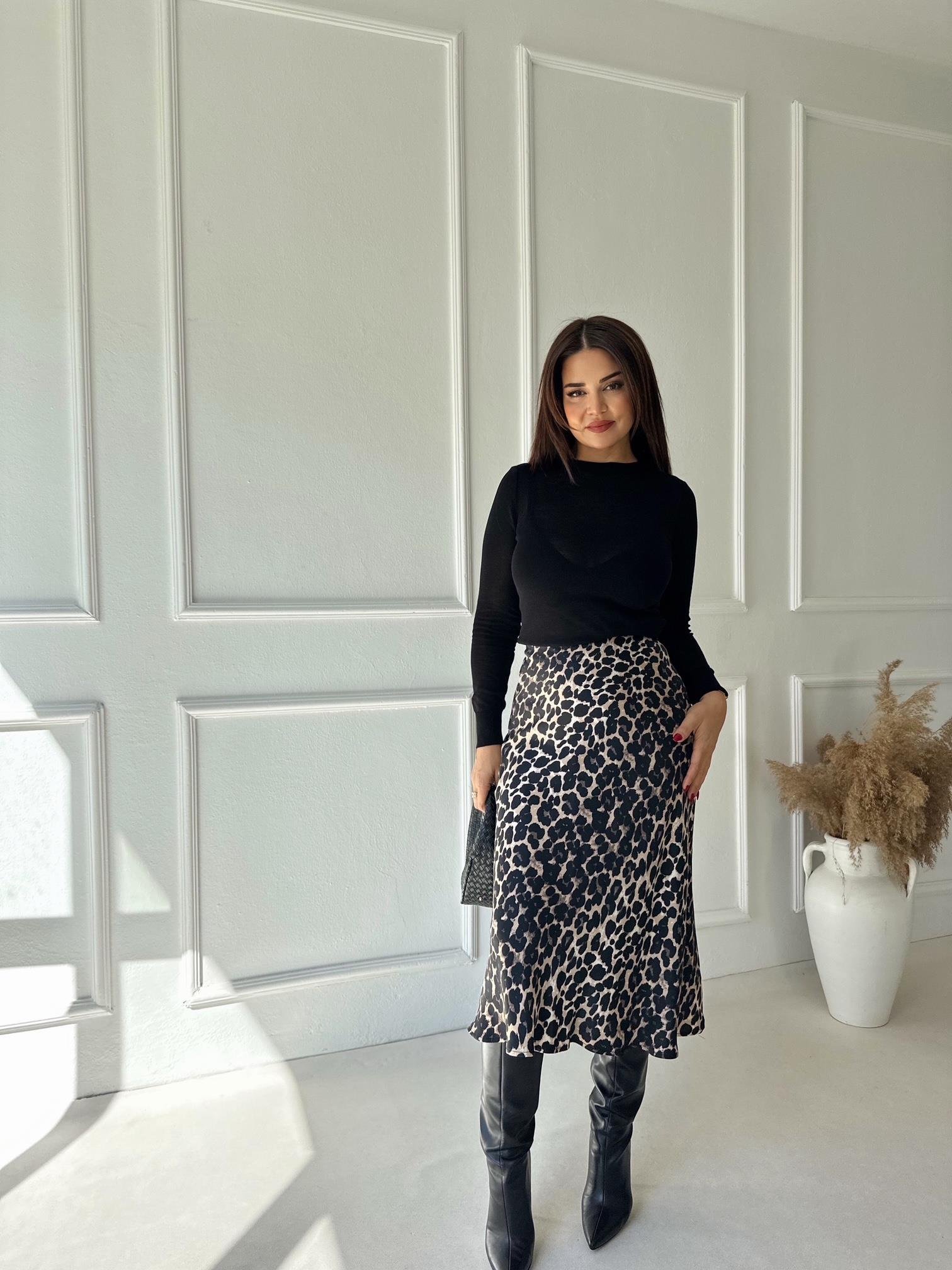 Lüks Kalite Leopar Desen Midi Saten Etek | Nora Butik