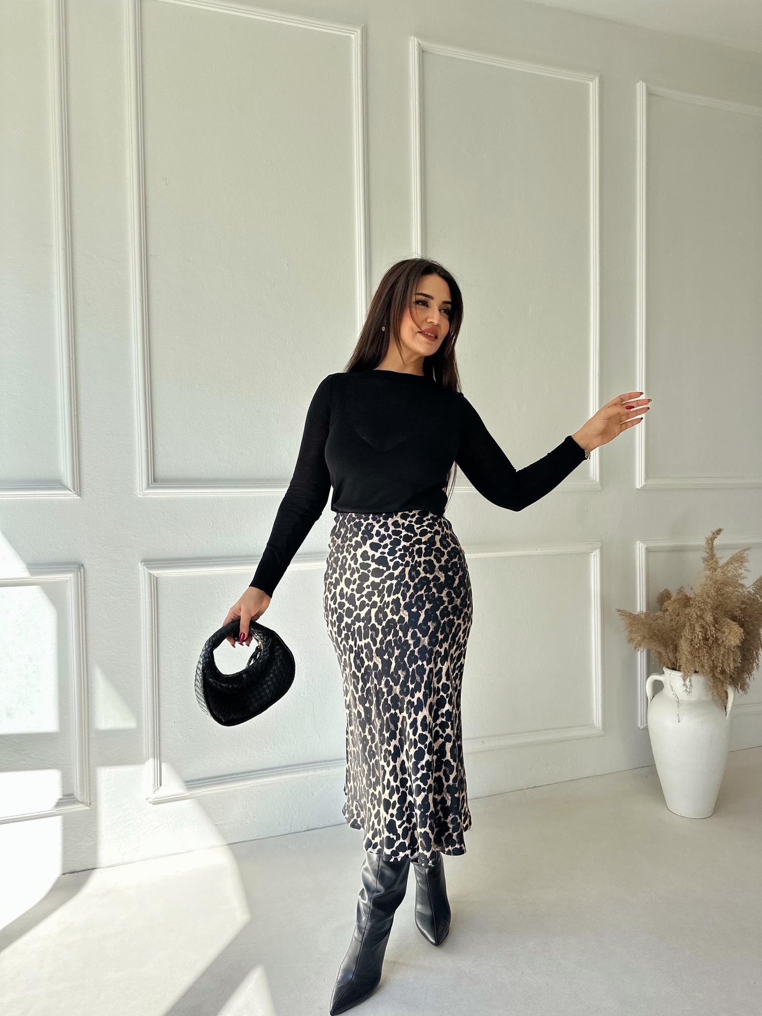 Lüks Kalite Leopar Desen Midi Saten Etek | Nora Butik